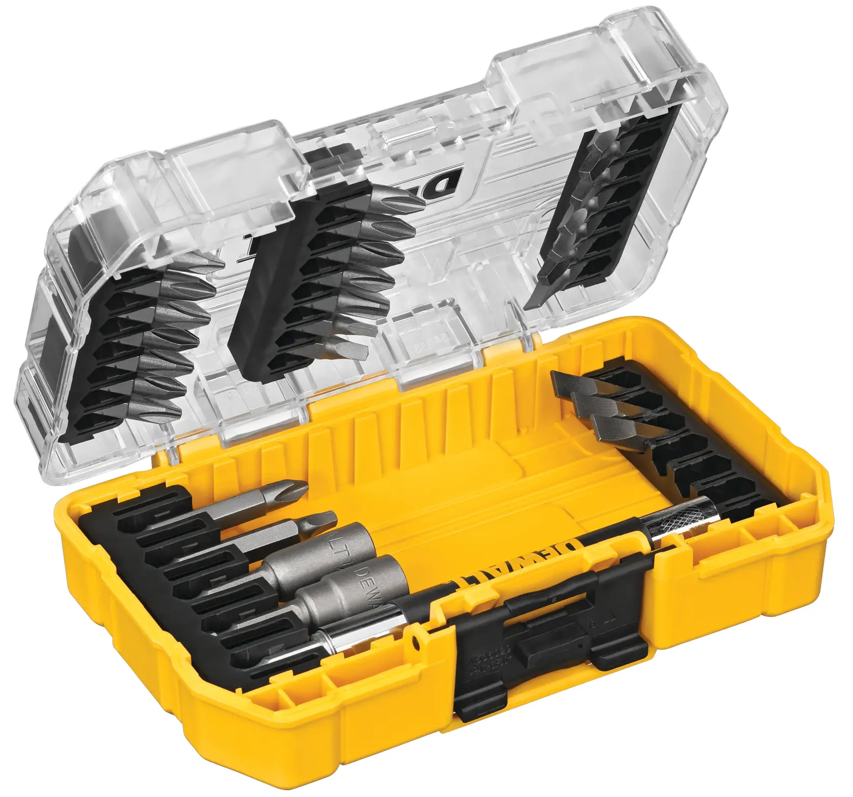 A yellow DEWALT plastic case containing various screwdriver and drill bits, organized in rows. The case is open, showing the clear lid and multiple metal bits inside.