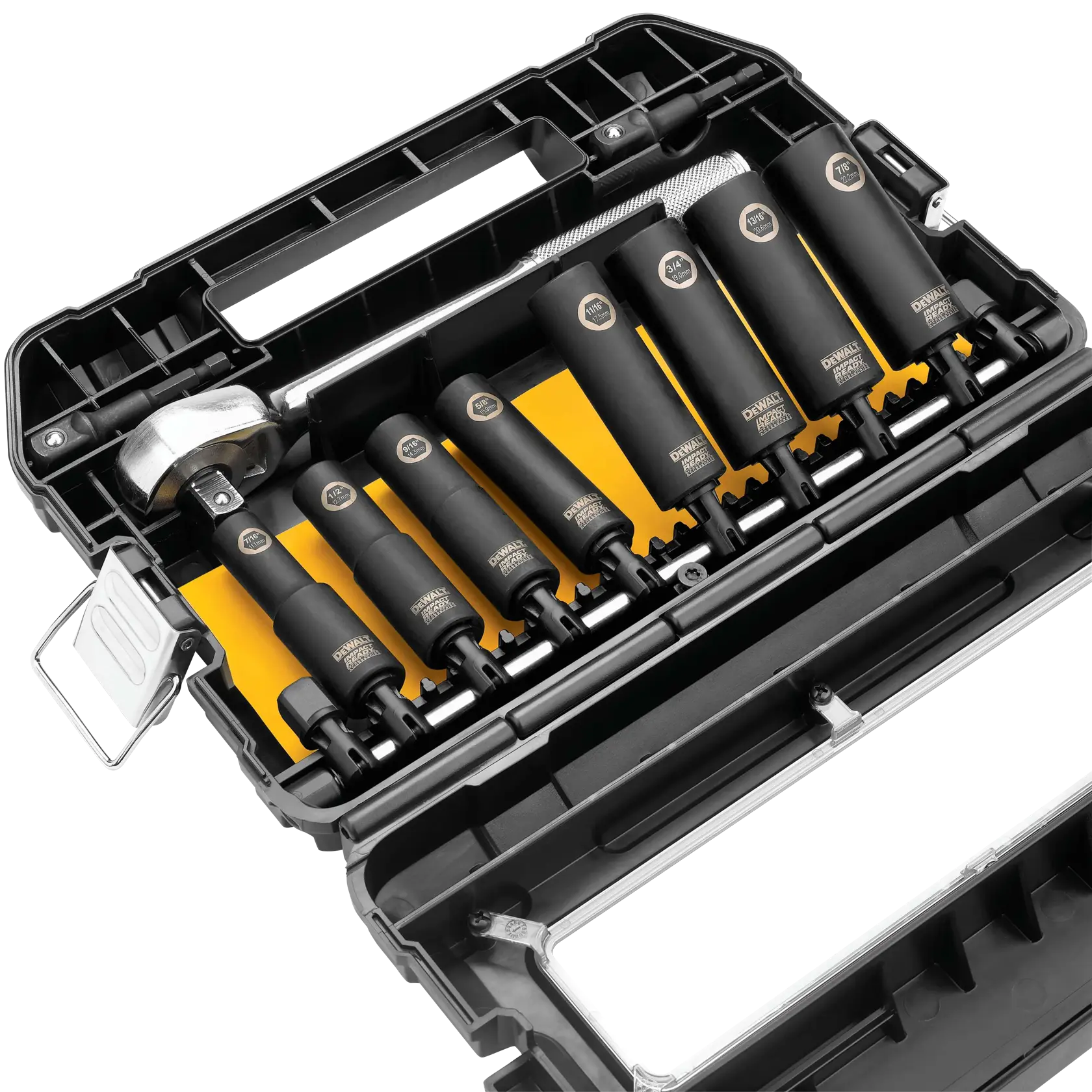 A black and yellow toolbox containing a set of DEWALT branded impact socket adapters and a metal drive tool organized neatly in individual slots.