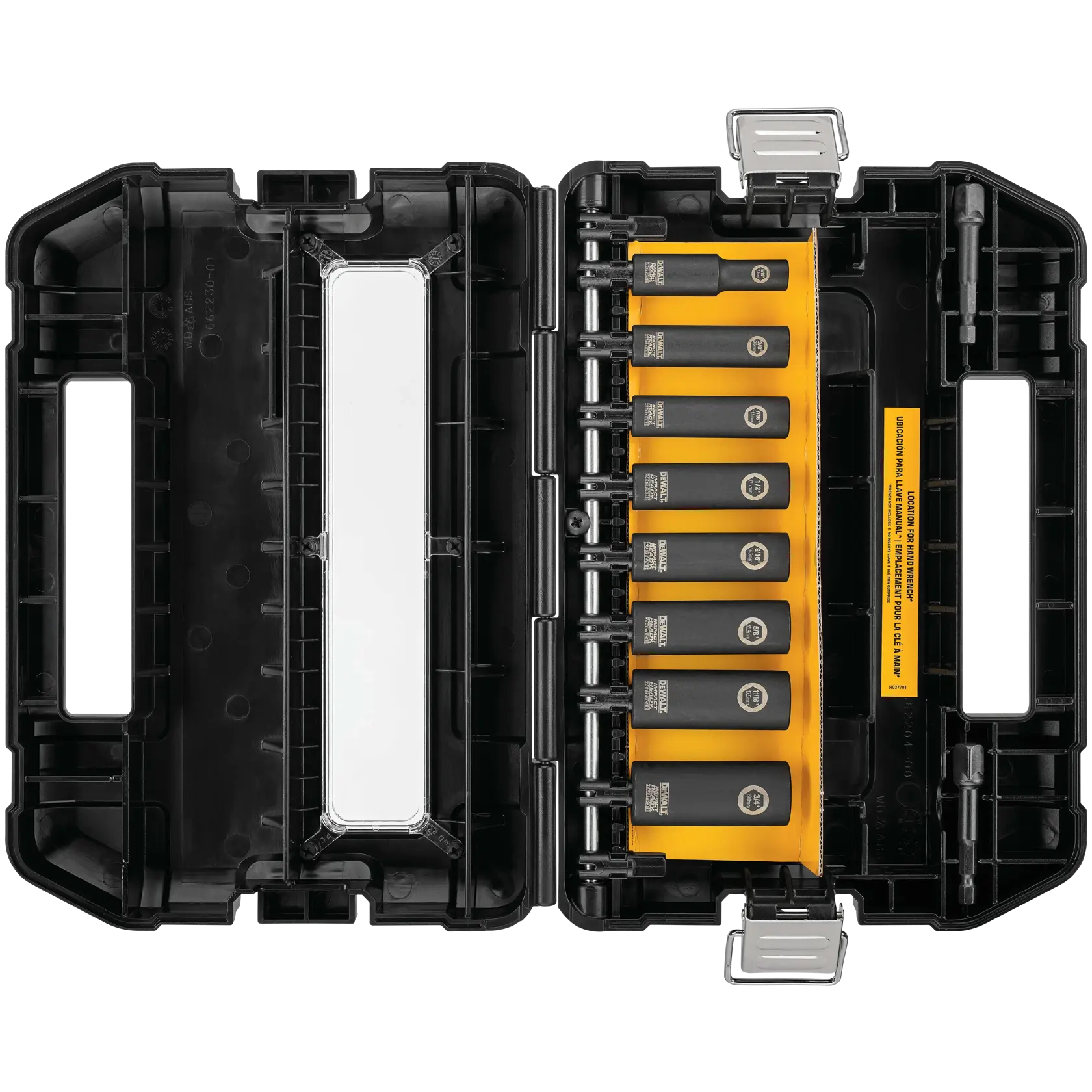 A DEWALT branded black plastic case open to display a set of eight impact socket adapters arranged in a yellow holder. The sockets are organized in a row with product labels visible. The case has handles on both sides and secure locks on the ends.