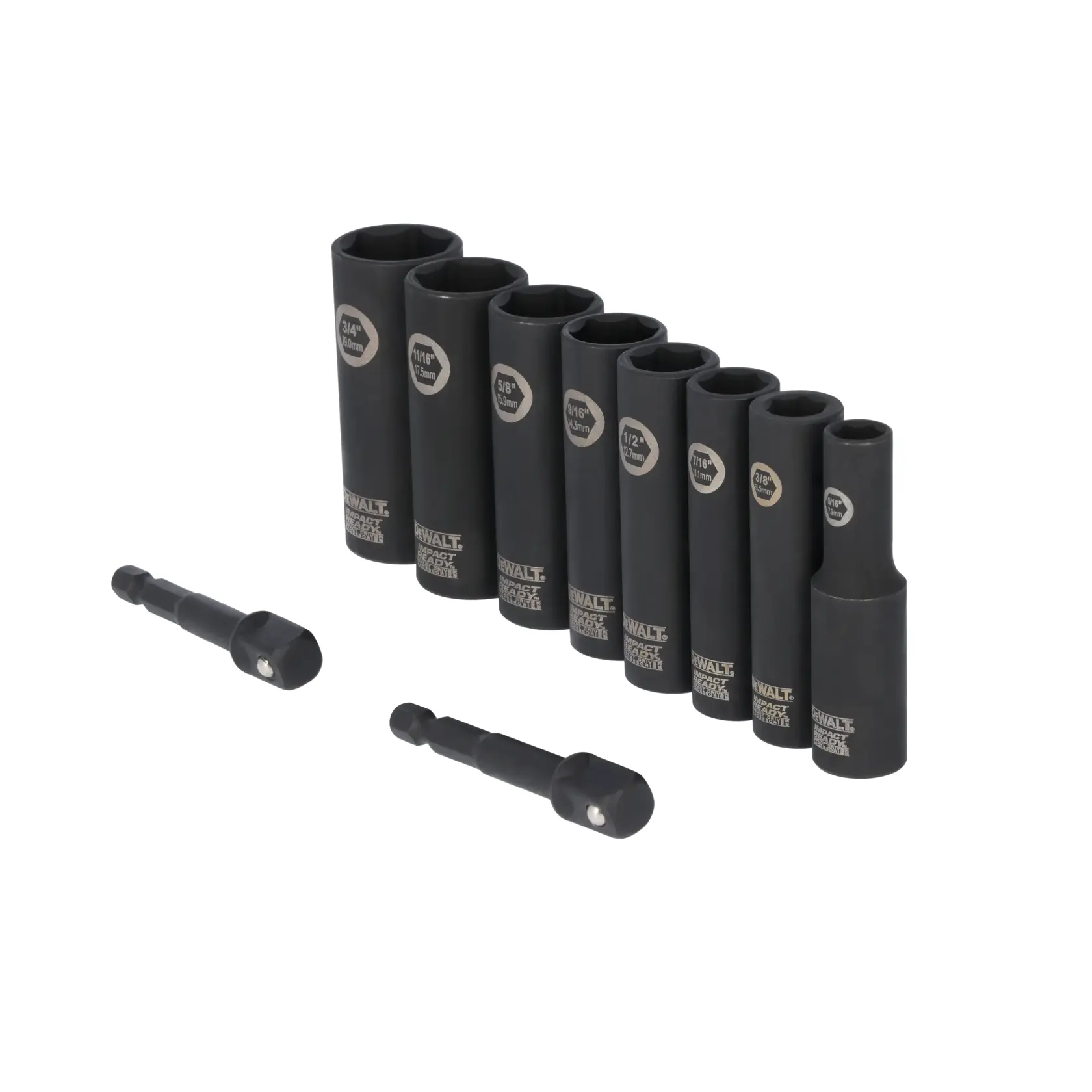 Set of DEWALT deep impact sockets and two black socket adapters arranged in a row, showing various sizes labeled on each socket. The items are displayed against a white background.