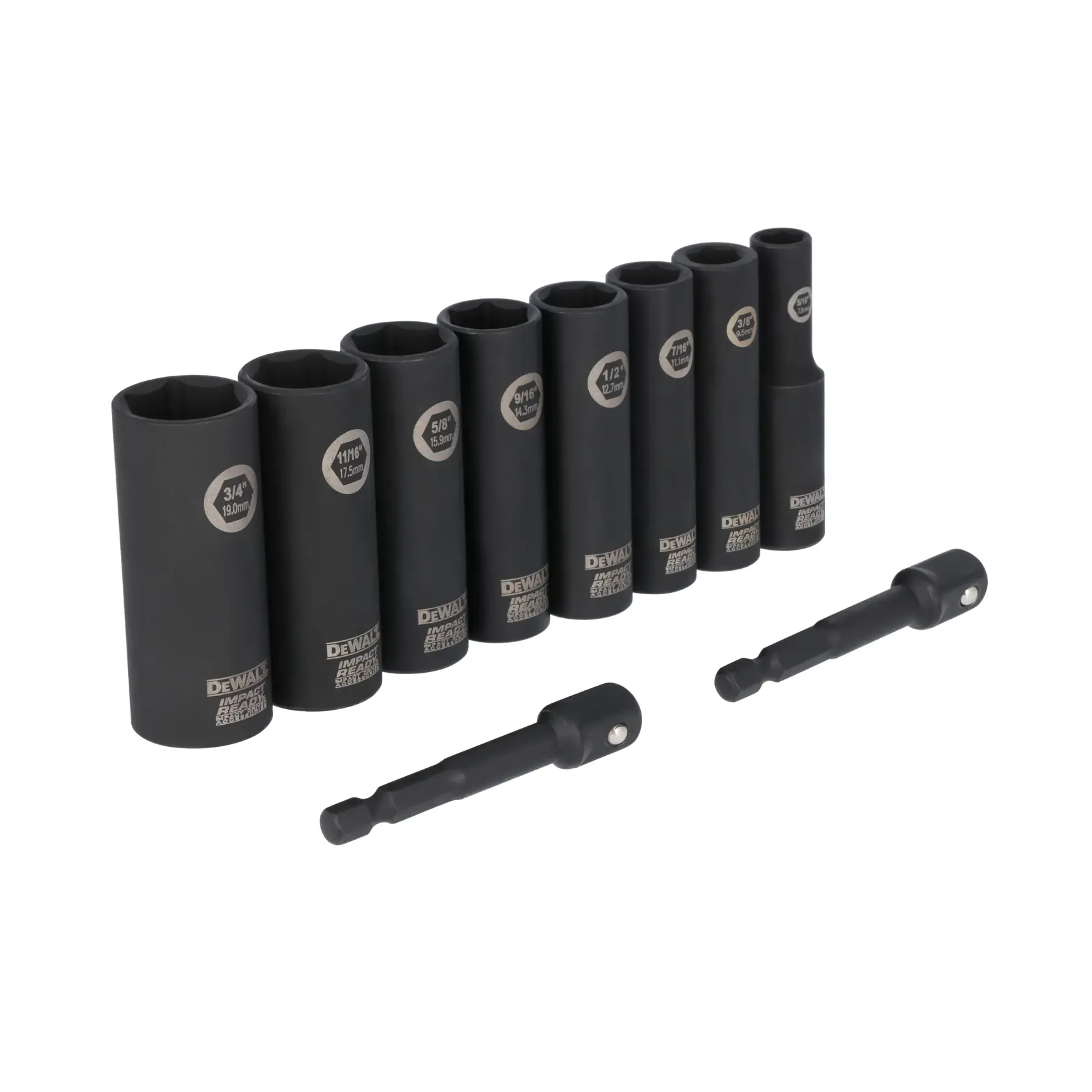 A set of DEWALT impact socket tools with black finish, including eight sockets of various sizes and two socket adapters, arranged in a row on a white background.