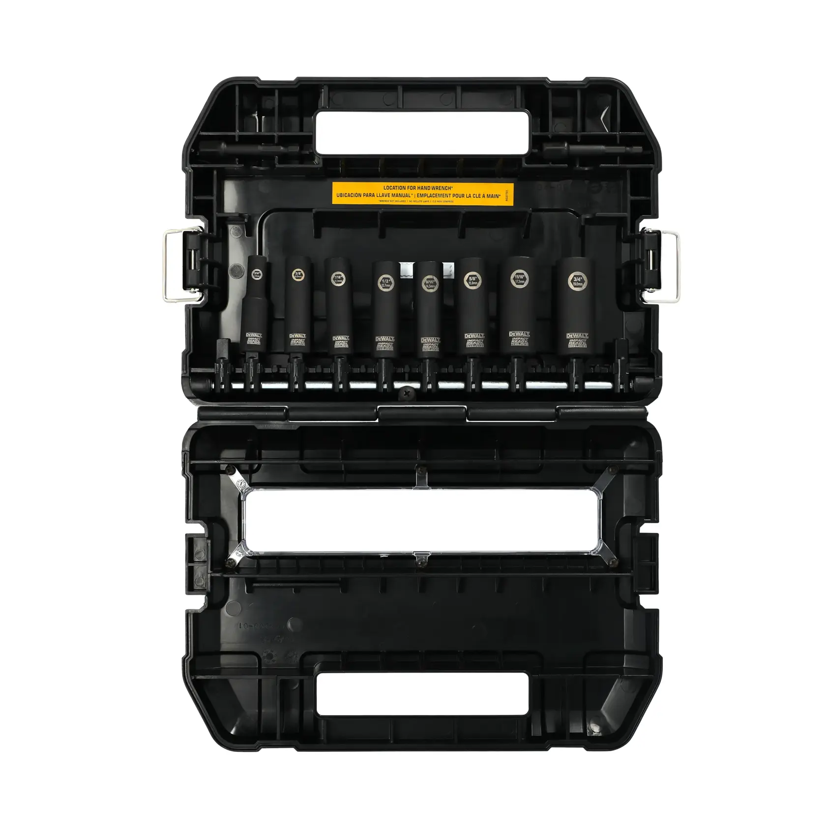 A black DEWALT storage case open to reveal a set of eight black sockets arranged in a row, labeled with sizes. The case has molded compartments for holding each socket securely and a carrying handle.
