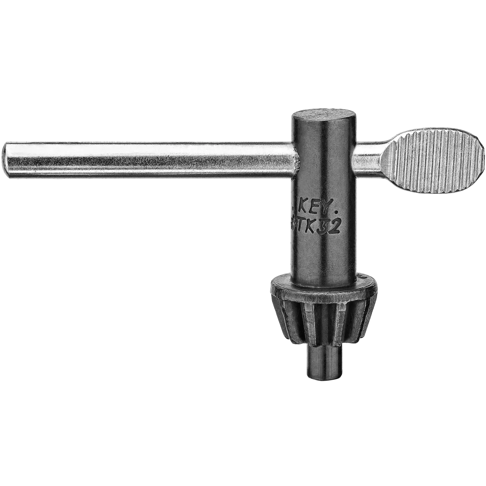 A metal drill chuck key with a cylindrical handle and toothed gear, designed for tightening and loosening the chuck of a power drill.
