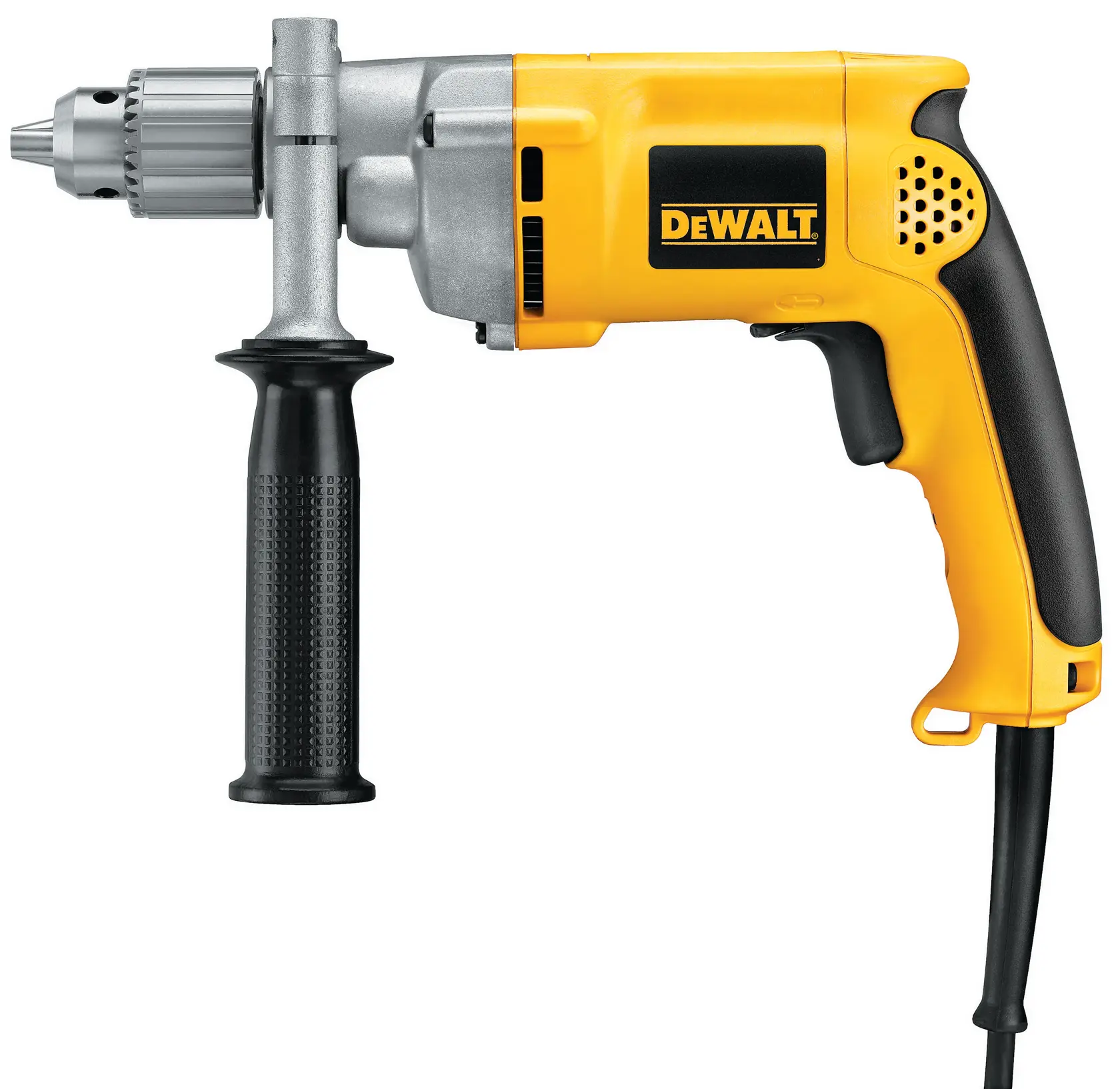 A yellow and black DEWALT electric drill with a side handle and power cord, shown from the side.