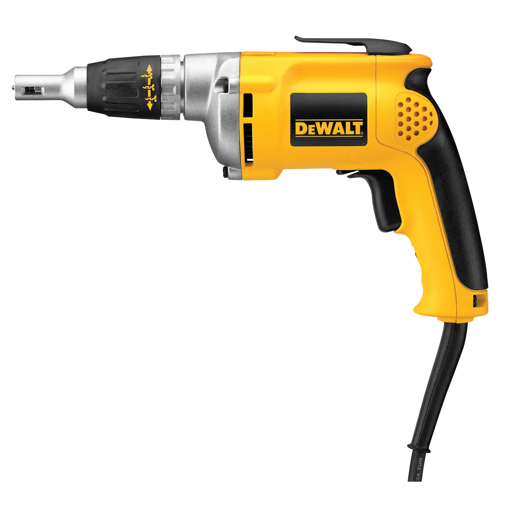 A yellow and black DEWALT electric screwdriver with a cord, model DW272, shown in a side profile against a white background.