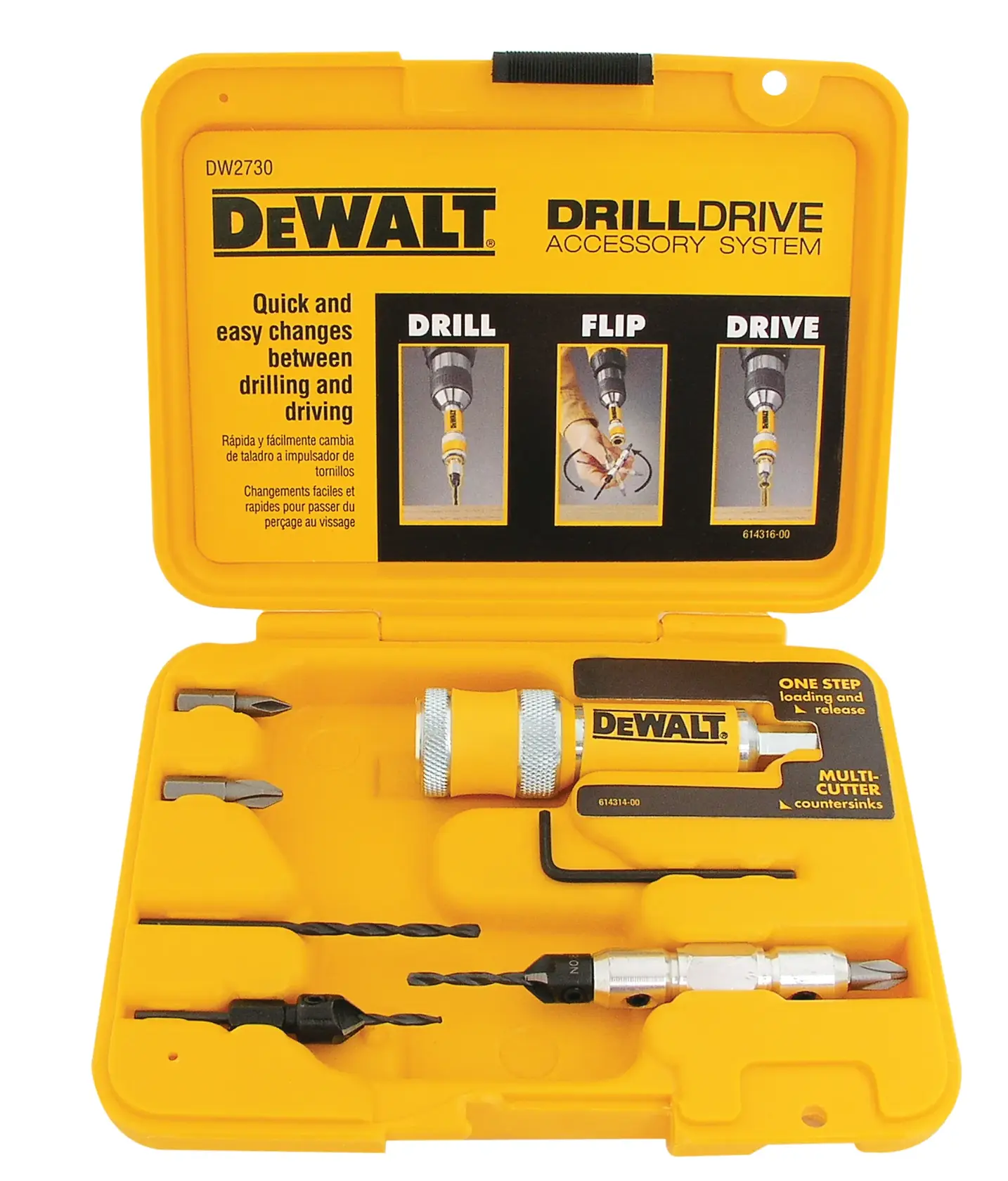 A DEWALT DrillDrive accessory system set in a yellow plastic case. The case contains a drill drive attachment, two drill bits, multiple screwdriver bits, and a countersink bit, all organized in fitted slots. The inside lid has instructions and illustrations for drilling, flipping, and driving.