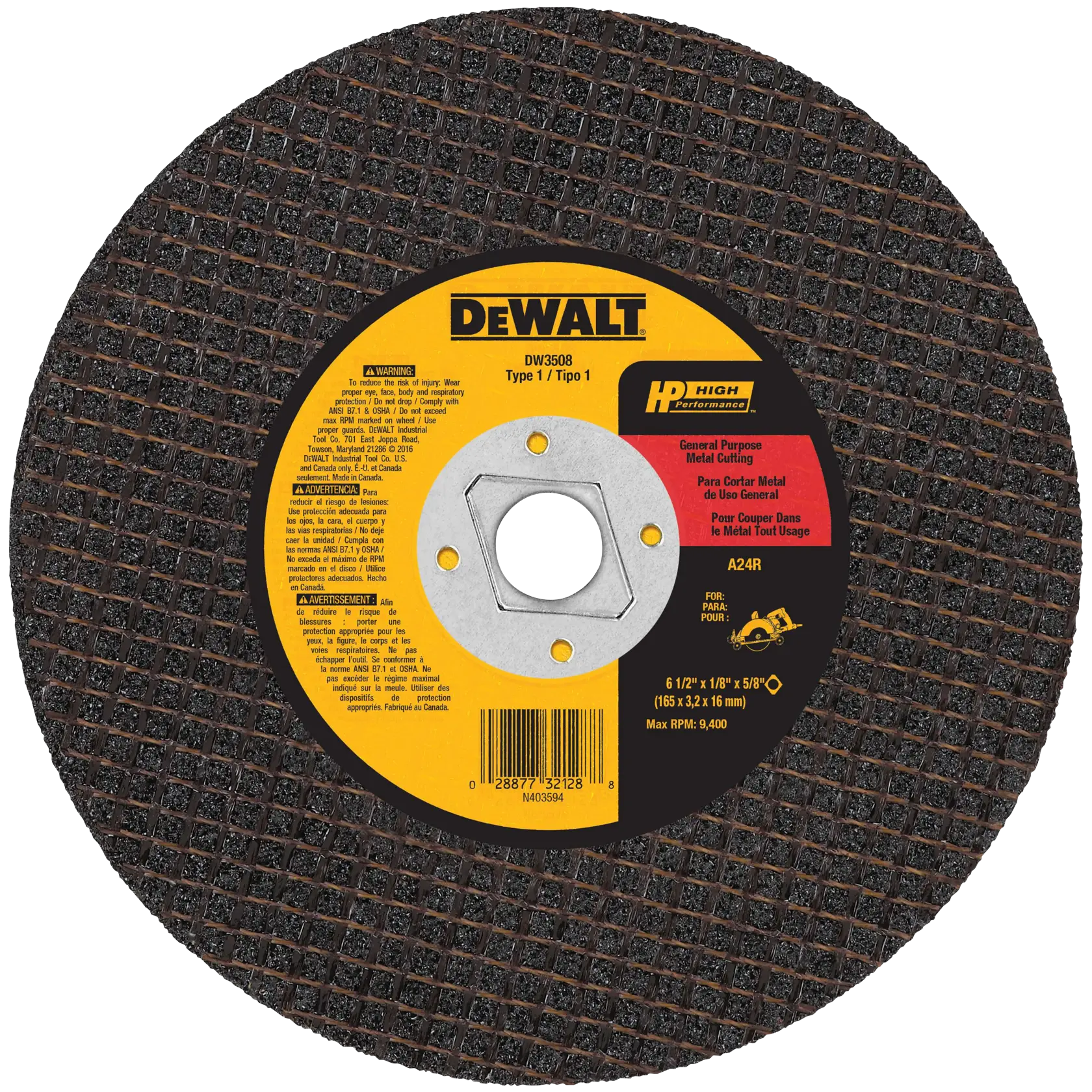 DEWALT® HP™ 6-1/2-in. x 1/8-in. x 5/8-in. Diamond Drive Aluminum Oxide Cutting Wheel for Metal