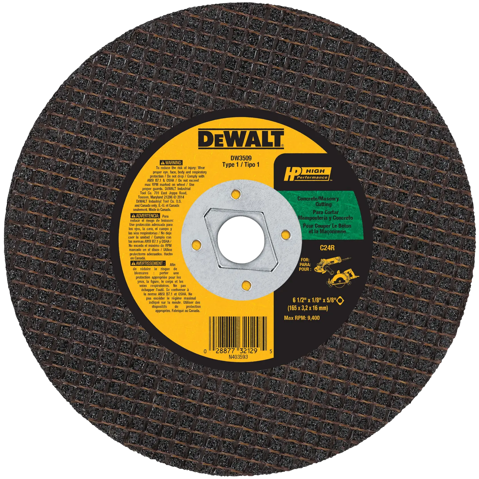 A DEWALT DW3509 High Performance Type 1 cutting wheel for concrete and masonry, with a dark abrasive surface and a central label showing specifications and warnings. The wheel is circular with grid texture on its surface.