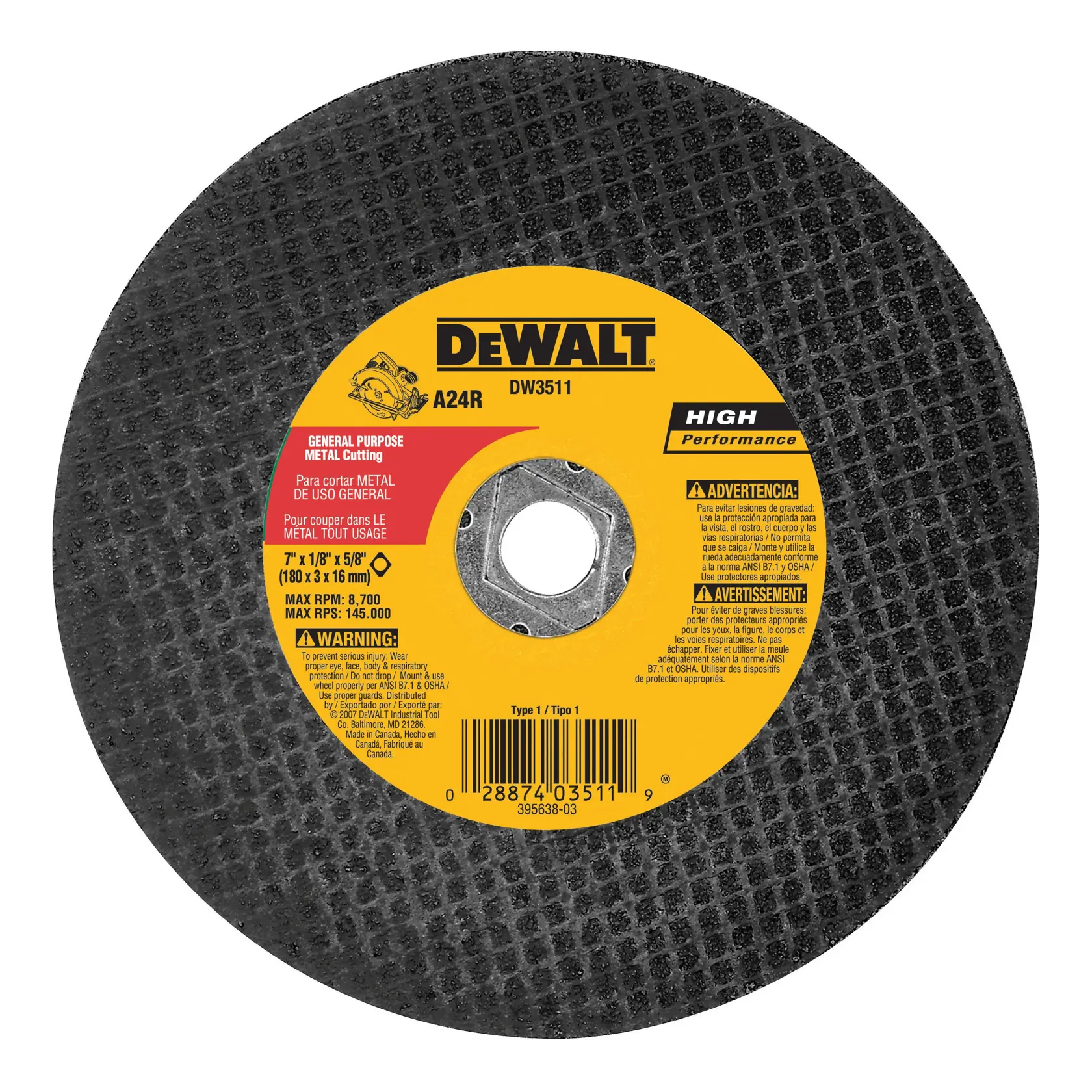 DEWALT® HP™ 7-in. x 1/8-in. x 5/8-in. Diamond Drive Aluminum Oxide Cutting Wheel for Metal