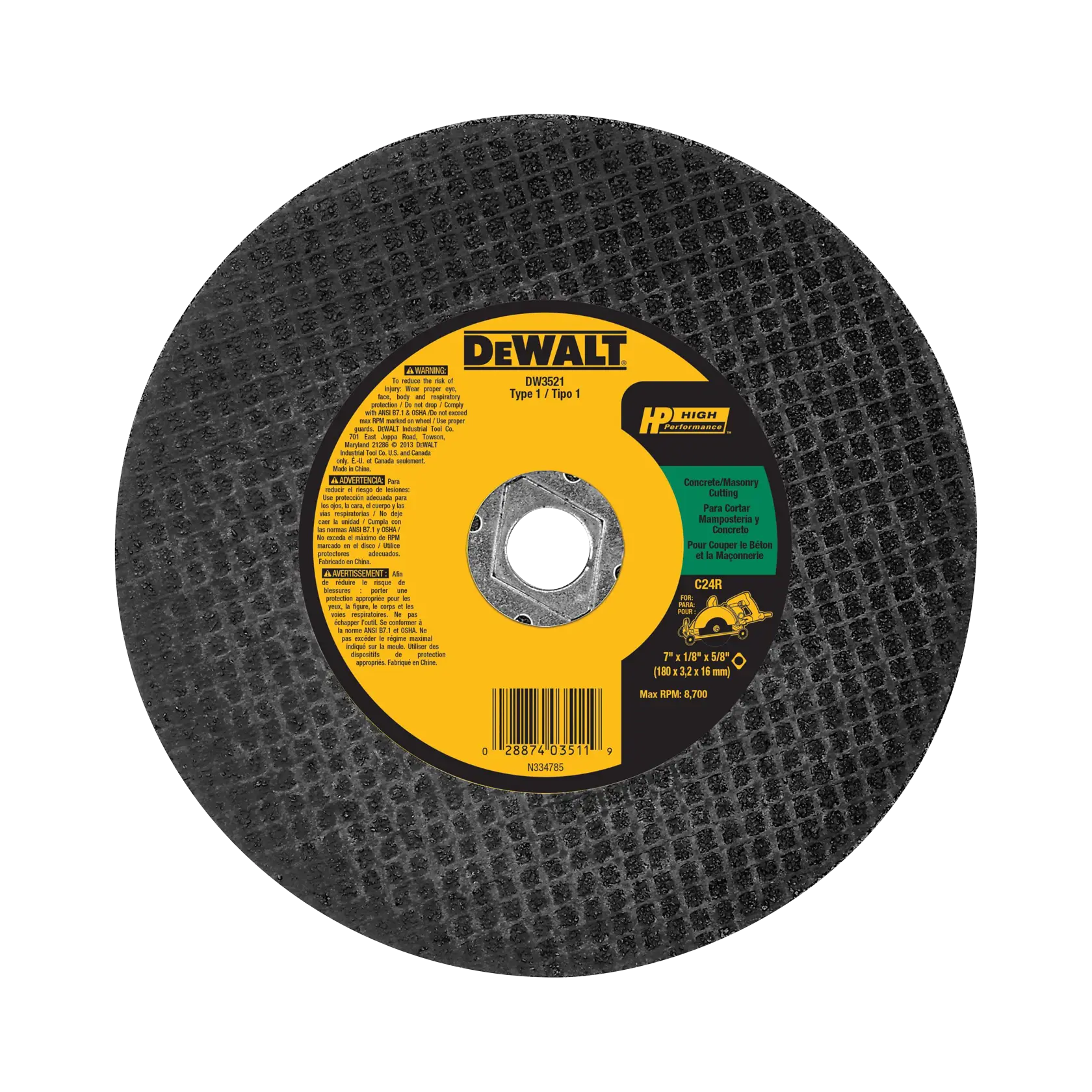 DEWALT® HP™ 7-in. x 1/8-in. x 5/8-in. Diamond Drive Silicon Carbide Cutting Wheel for Concrete & Masonry