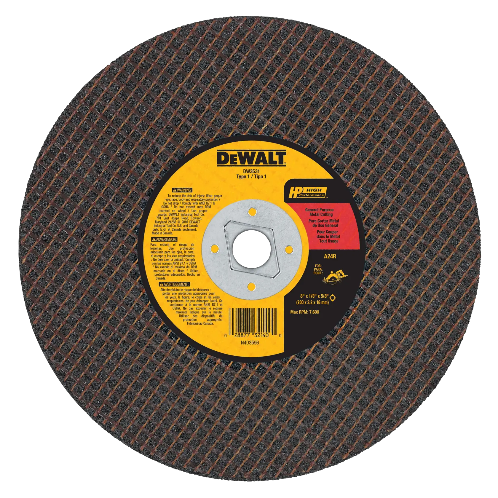 DEWALT® HP™ 8-in. x 1/8-in. x 5/8-in. Diamond Drive Aluminum Oxide Cutting Wheel for Metal