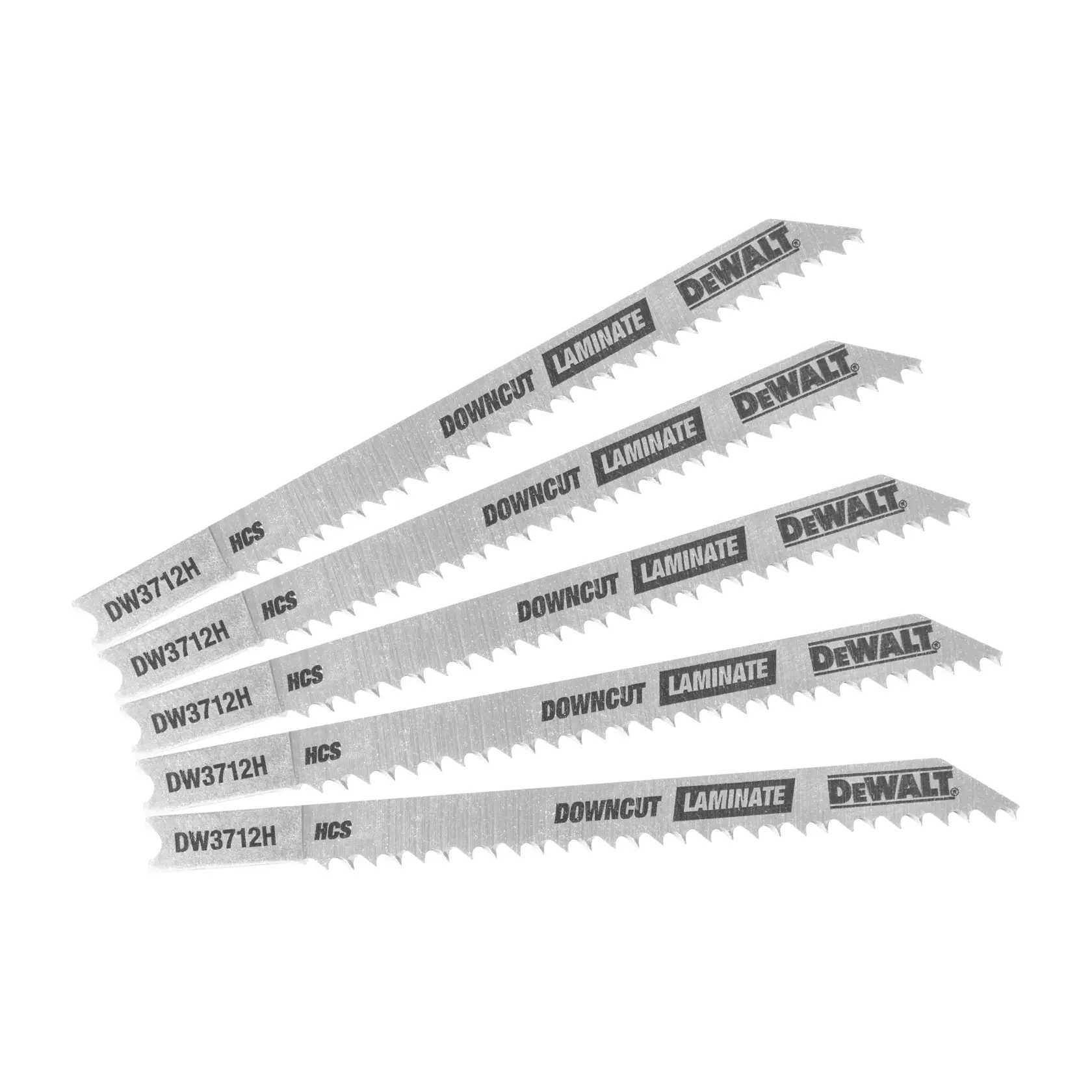 Side horizontal view of DeWalt jig saw blade on white background