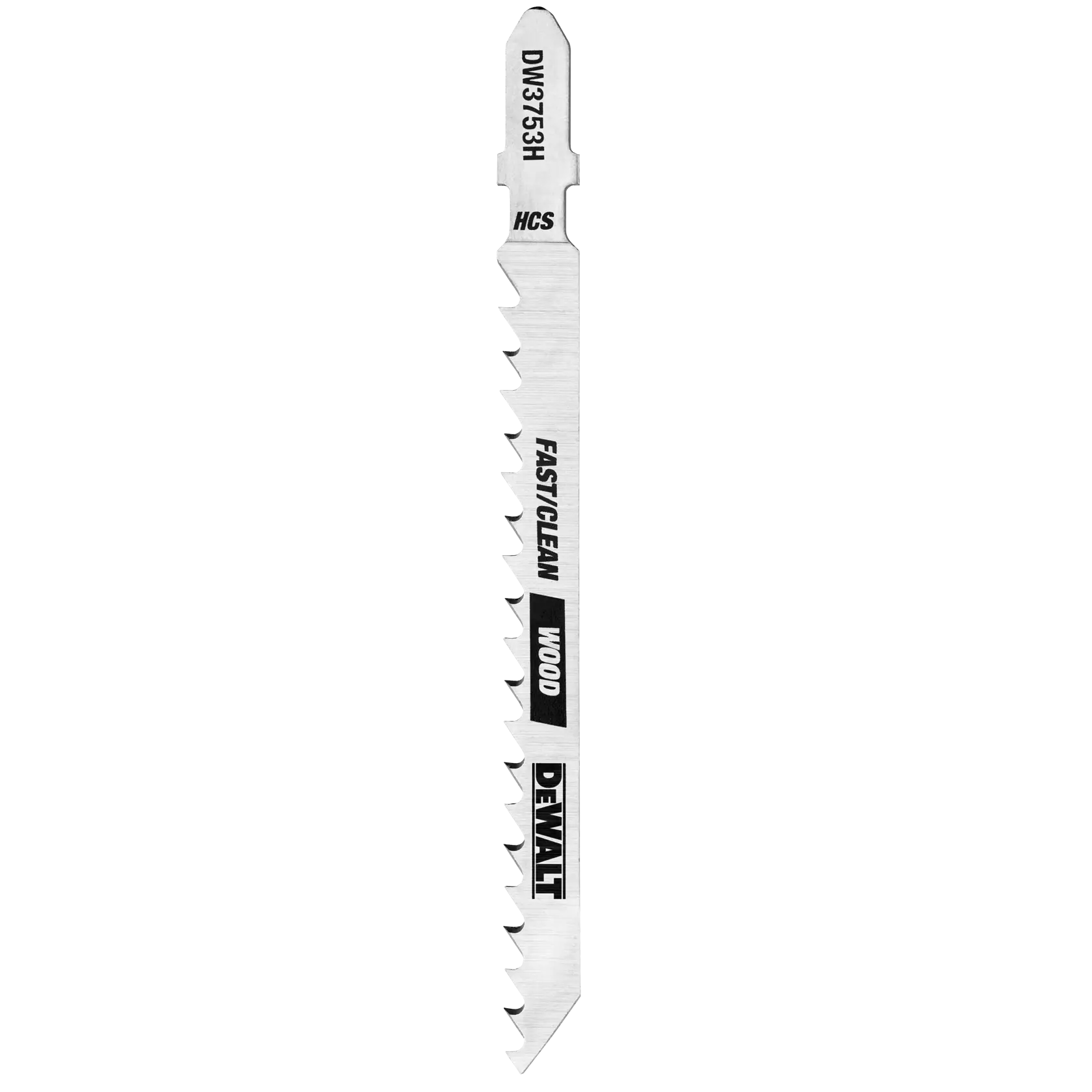 A DEWALT DW3753H jigsaw blade for wood, showing sharp teeth and metallic finish. The blade has labels: DW3753H, HCS, FASTCLEAN, WOOD, and DEWALT.