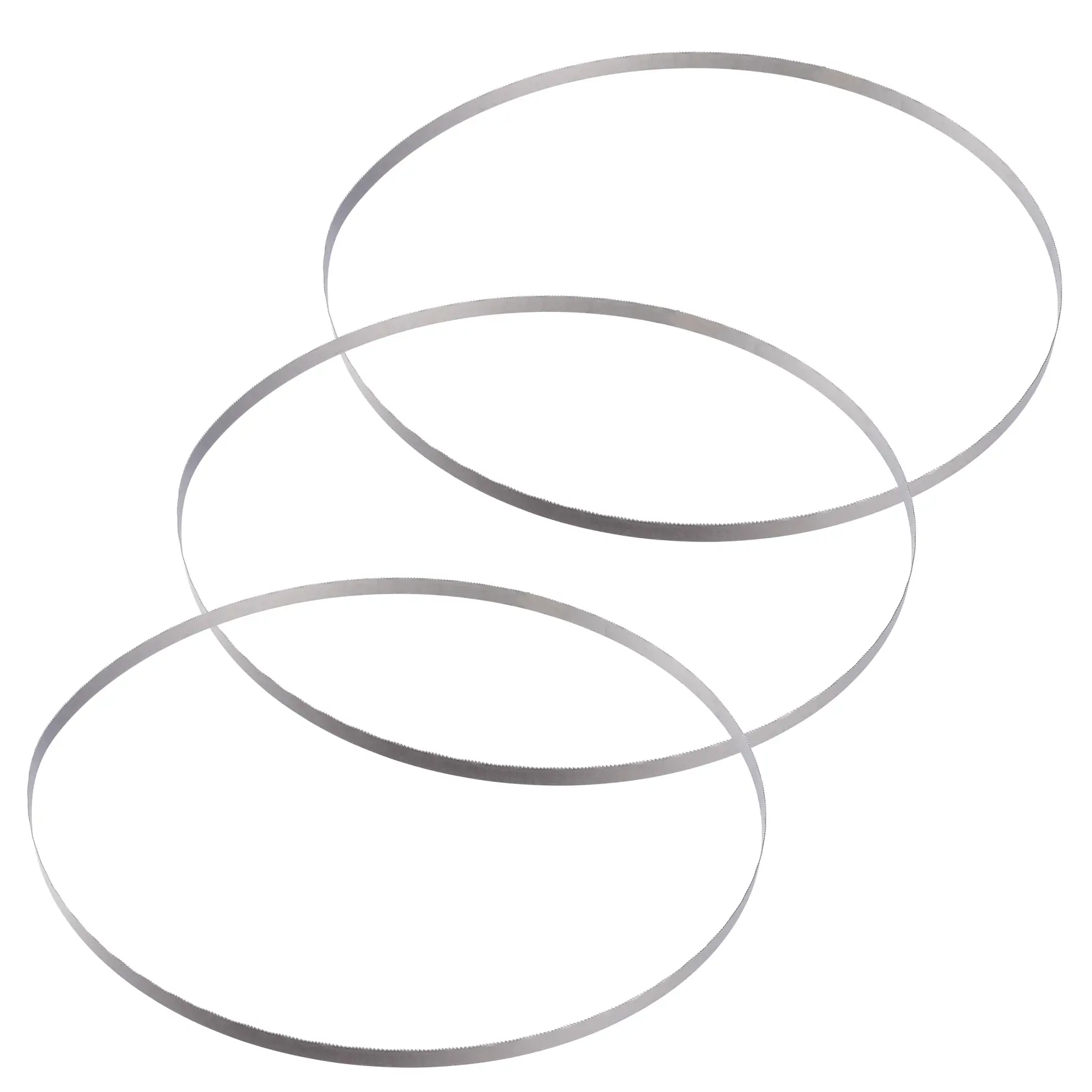 Three metal band saw blades arranged in overlapping circles on a white background.