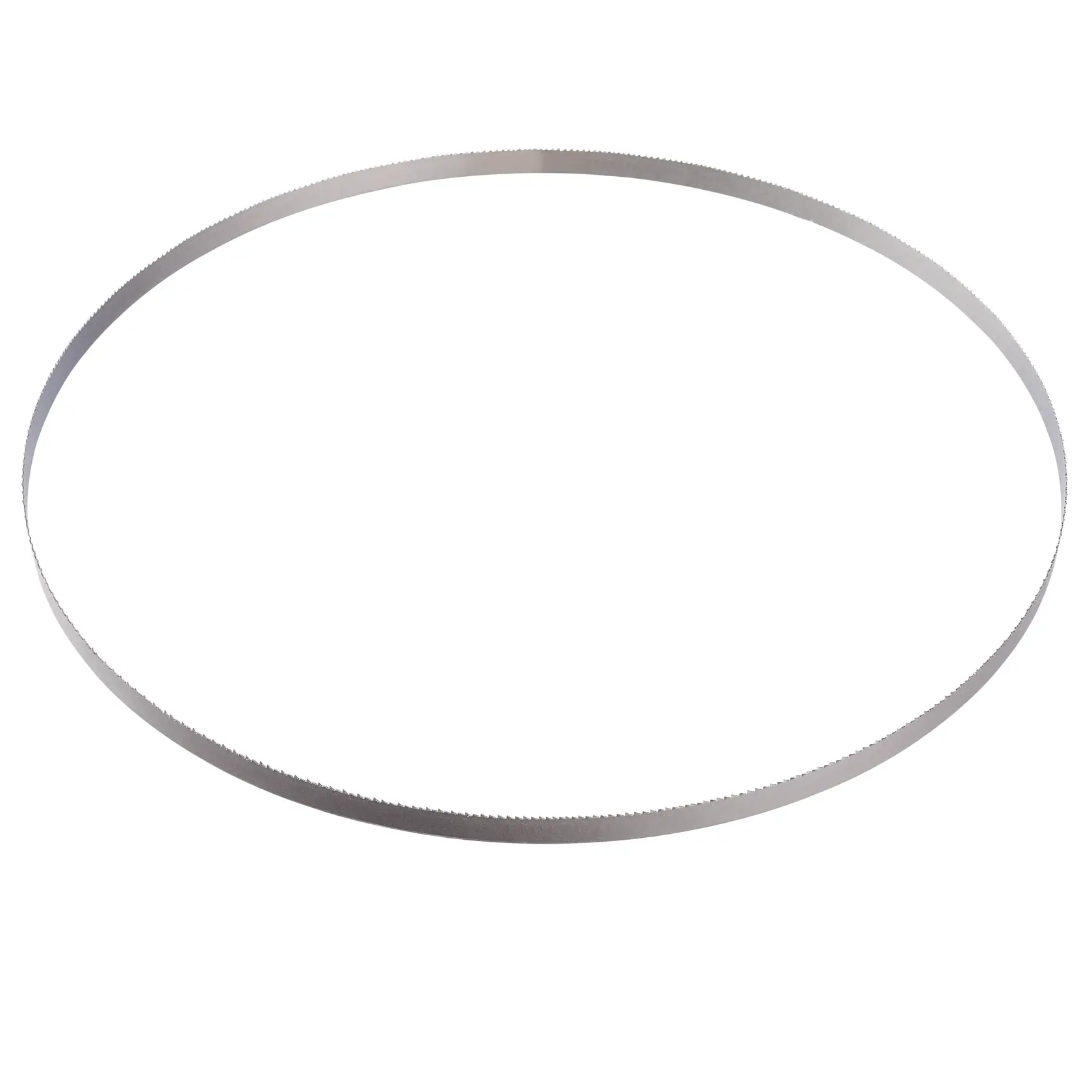 A metal band saw blade with fine teeth, formed in a circular loop, designed for cutting materials.