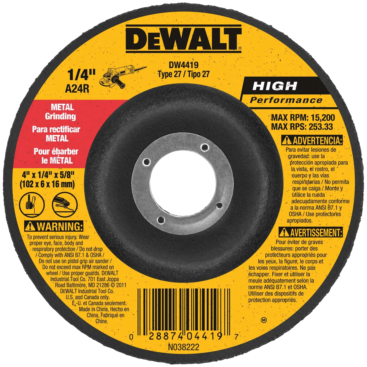 4 in. x 1/4 in. x 5/8 in. High Performance Metal Grinding Wheel