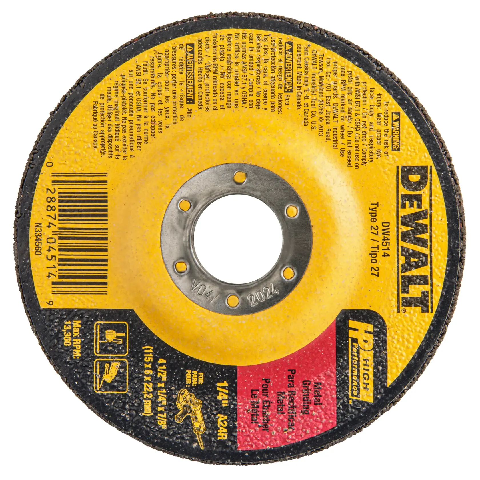 DEWALT® HP™ 4-1/2-in. x 1/4-in. x 7/8-in. T27 Grinding Wheel for Metal & Stainless