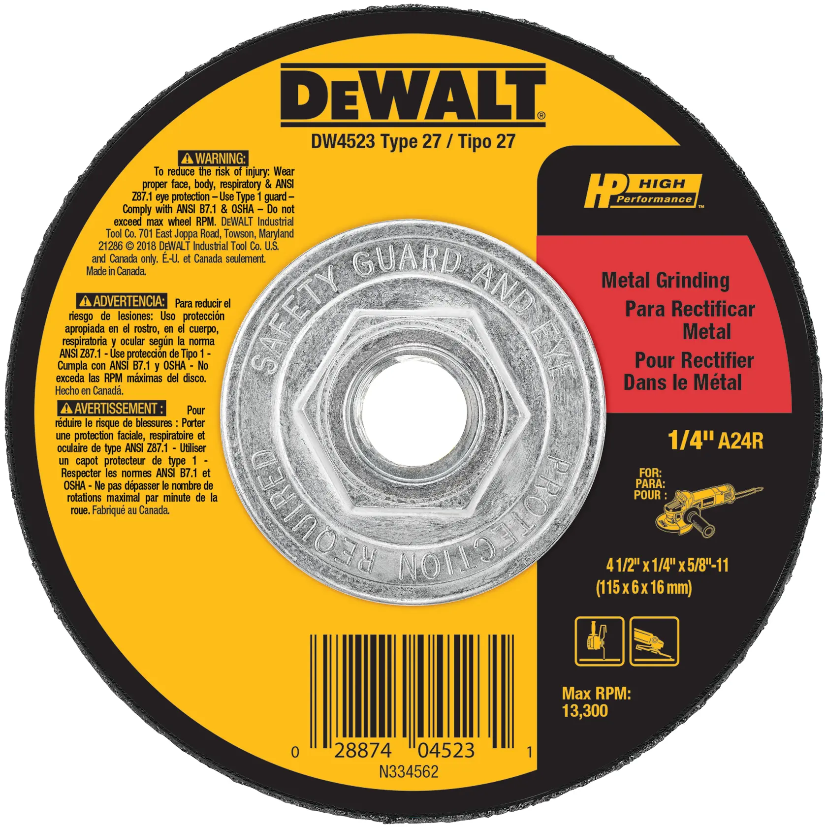 DEWALT® 4-1/2-in. x 1/4-in. x 5/8-in.-11 High Performance Metal Grinding Wheel