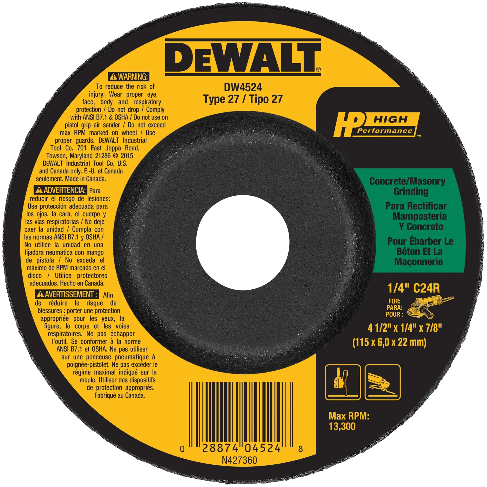 DEWALT® HP™ 4-1/2-in. x 1/4-in. x 7/8-in. T27 Silicon Carbide Grinding Wheel for Concrete & Masonry