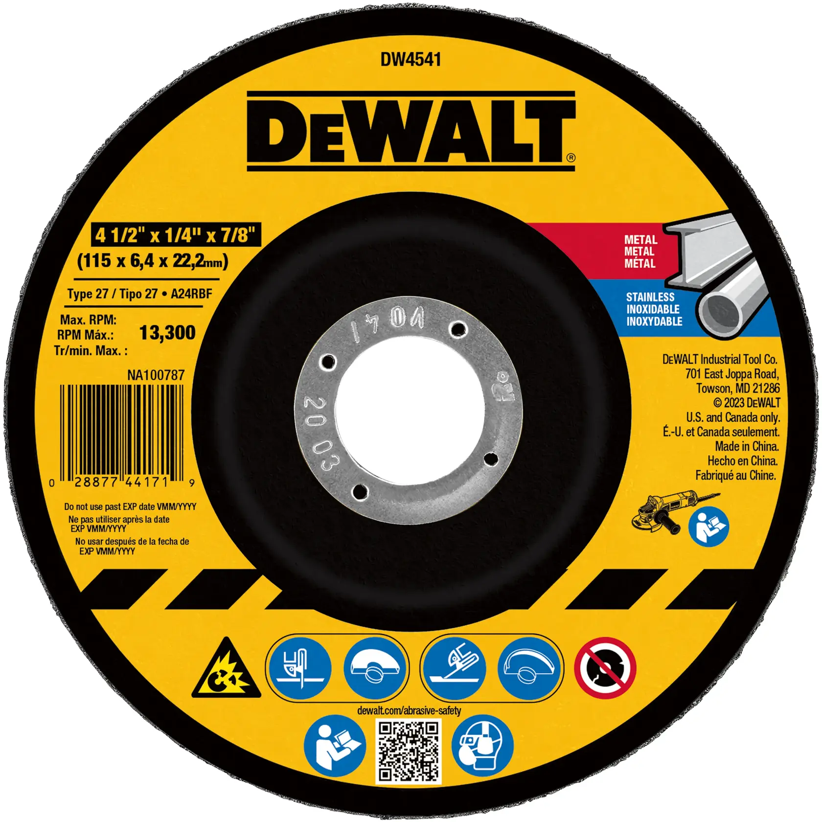 DEWALT® 4-1/2-in. x 1/4-in. x 7/8-in. T27 Aluminum Oxide Grinding Wheel for Metal & Stainless