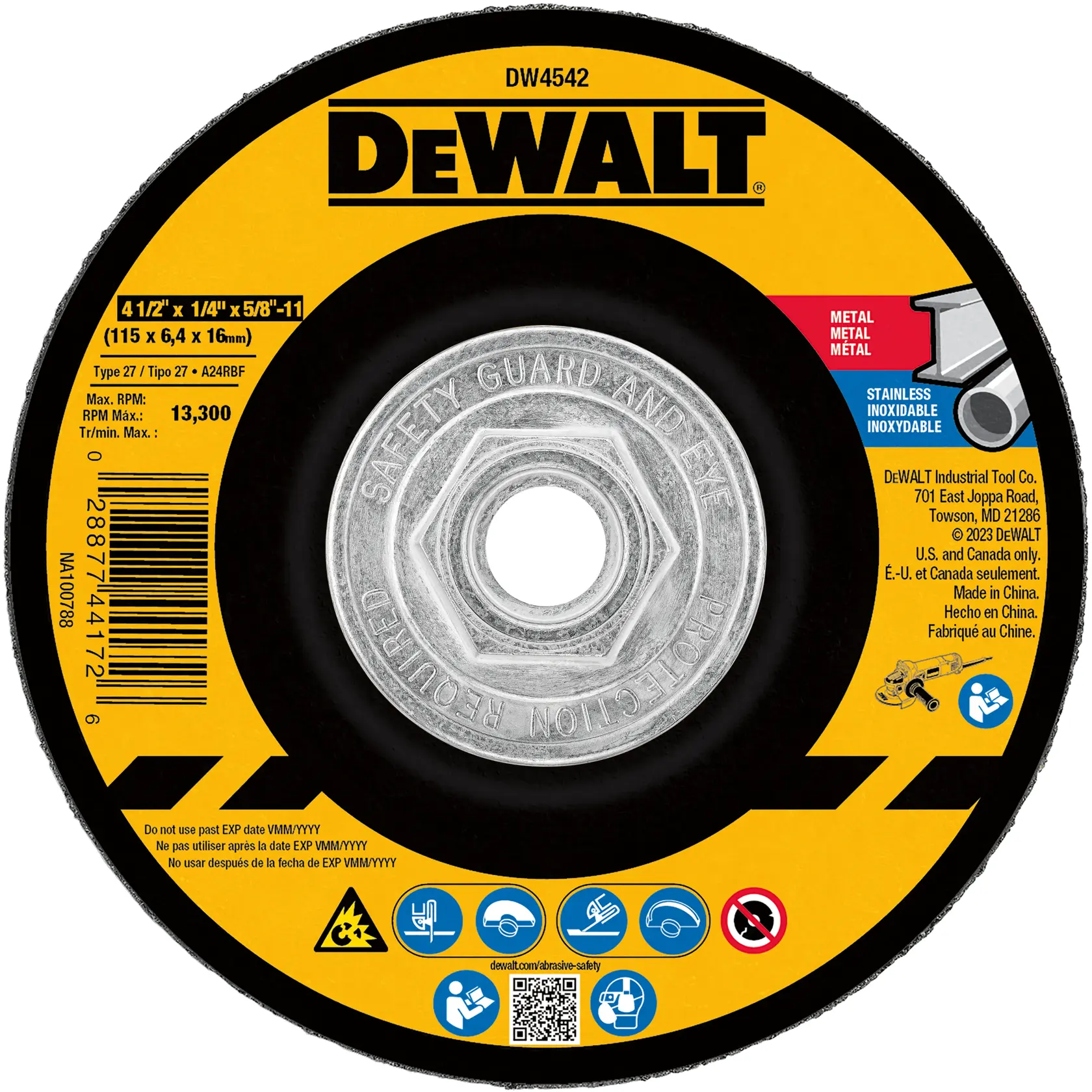DEWALT® 4-1/2-in. x 1/4-in. x 5/8-in.-11 T27 Aluminum Oxide Grinding Wheel for Metal & Stainless