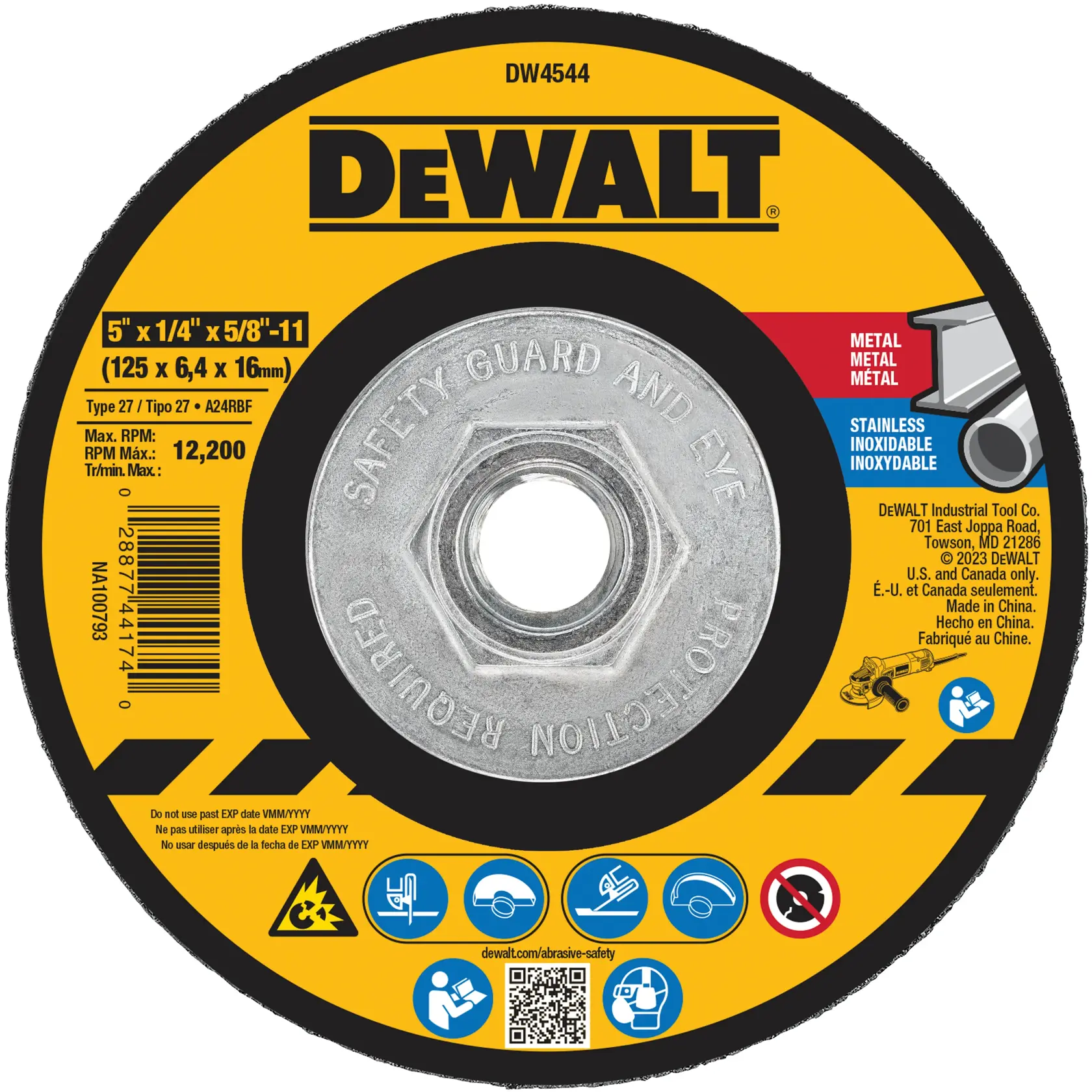 DEWALT® 5-in. x 1/4-in. x 5/8-in.-11 T27 Aluminum Oxide Grinding Wheel for Metal & Stainless