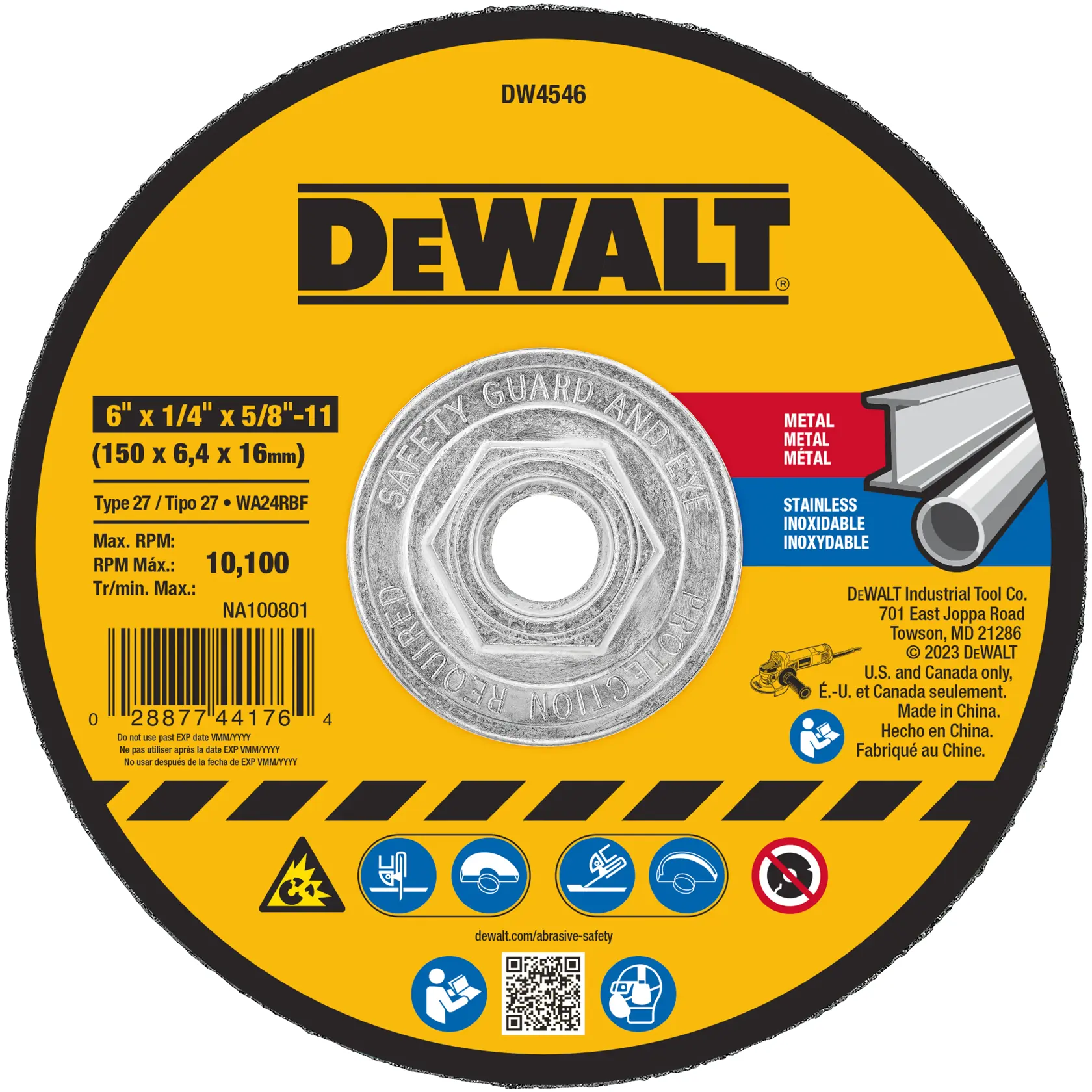 DEWALT® 6-in. x 1/4-in. x 5/8-in. T27 Aluminum Oxide Grinding Wheel for Metal & Stainless