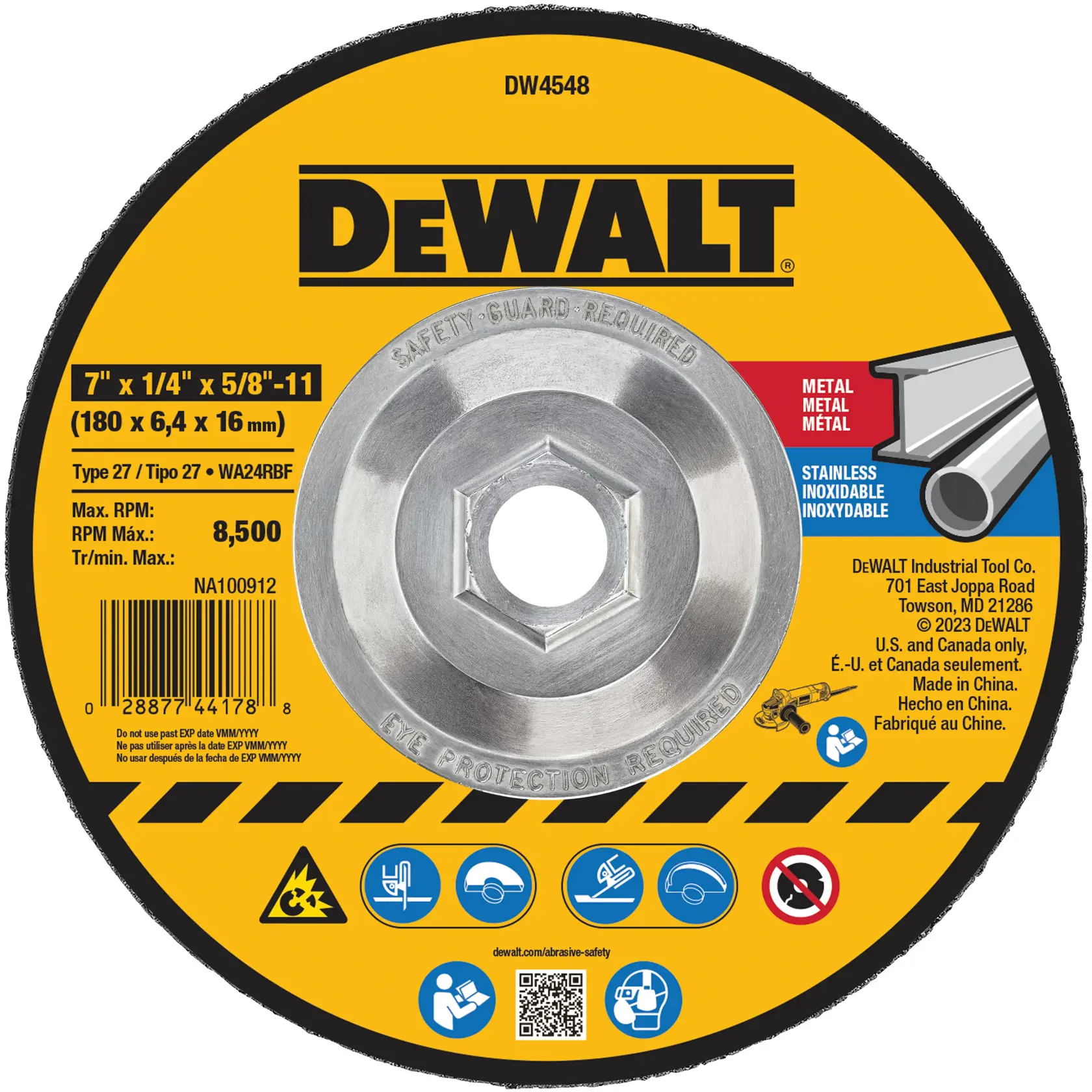 DEWALT® 7-in. x 1/4-in. x 5/8-in.-11 T27 Aluminum Oxide Grinding Wheel for Metal & Stainless