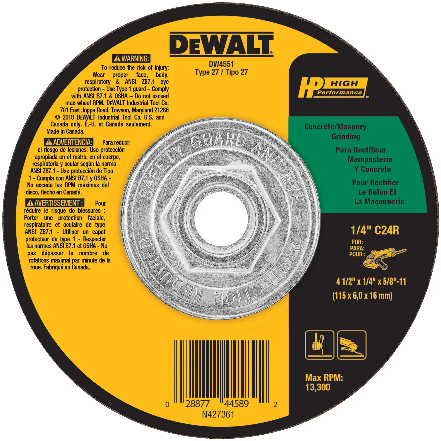 Profile of masonry grinding wheels type 27 with safety guard for one quarter inch tool.