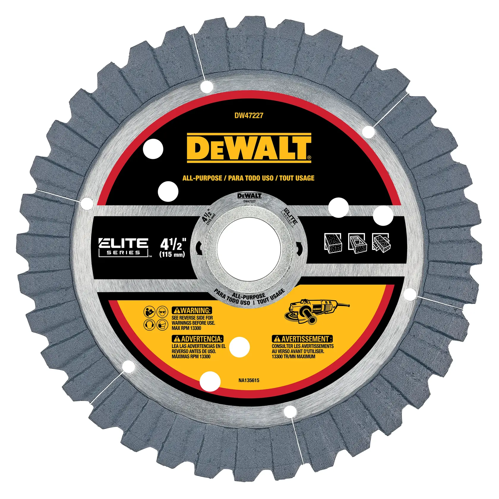 Front view of DEWALT ELITE SERIES 4.5 inch diamond blade