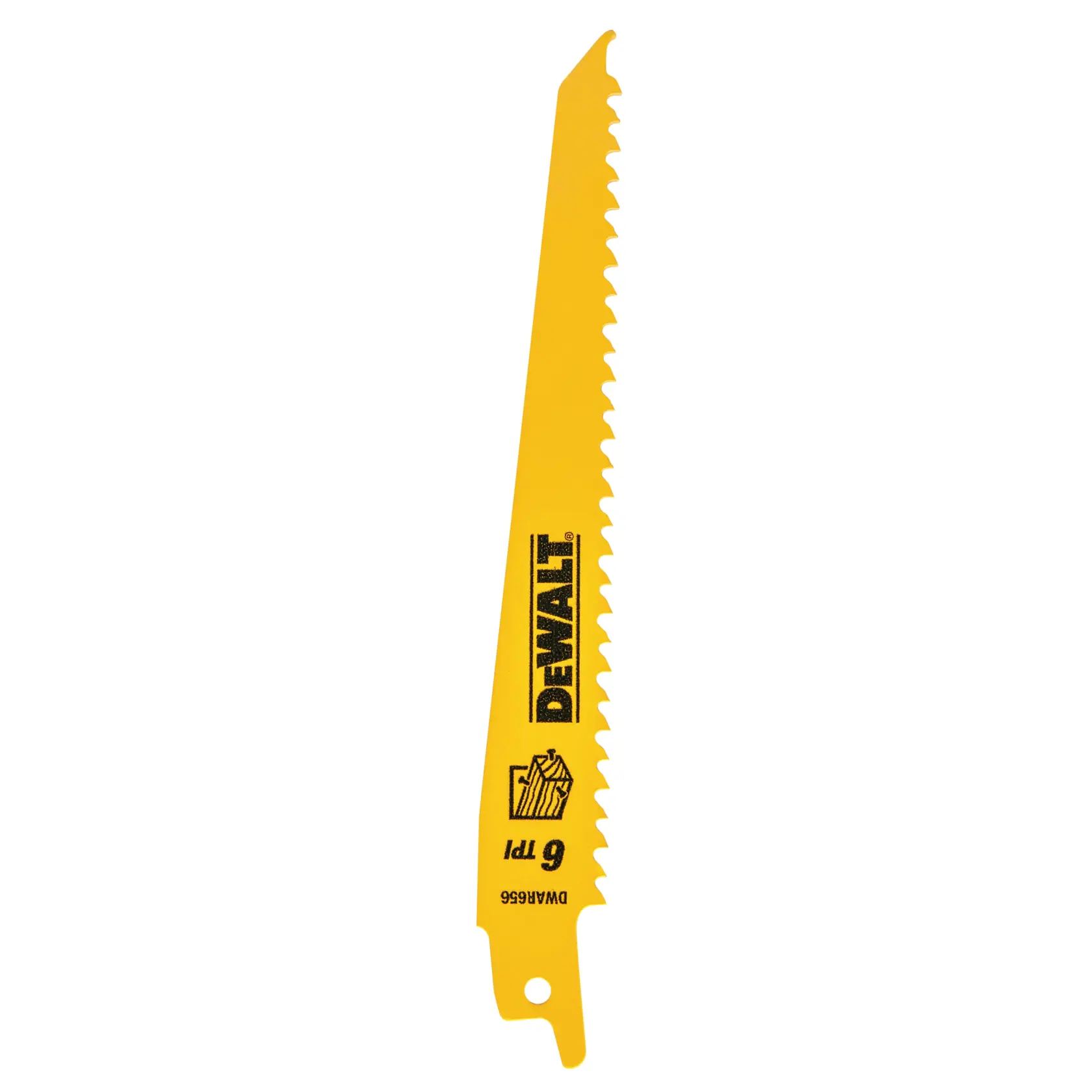 A yellow DEWALT reciprocating saw blade with the logo and specifications printed on it, including 6 TPI and model number DW4802-2.