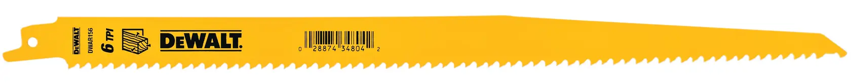 A yellow DEWALT reciprocating saw blade with sharp teeth, labeled DW4804, designed for wood cutting.