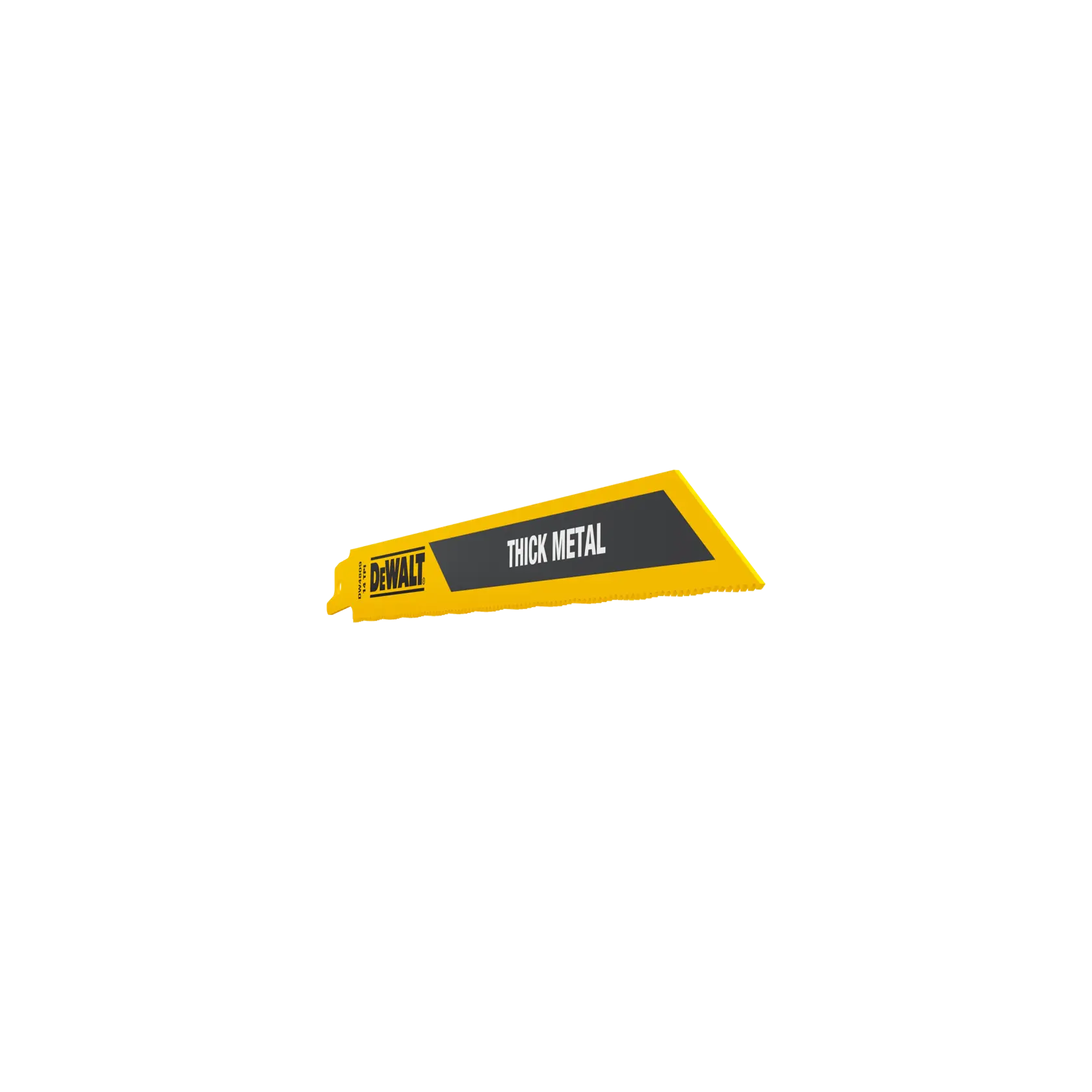 DEWALT DW4809 yellow reciprocating saw blade for thick metal, shown on a white background.