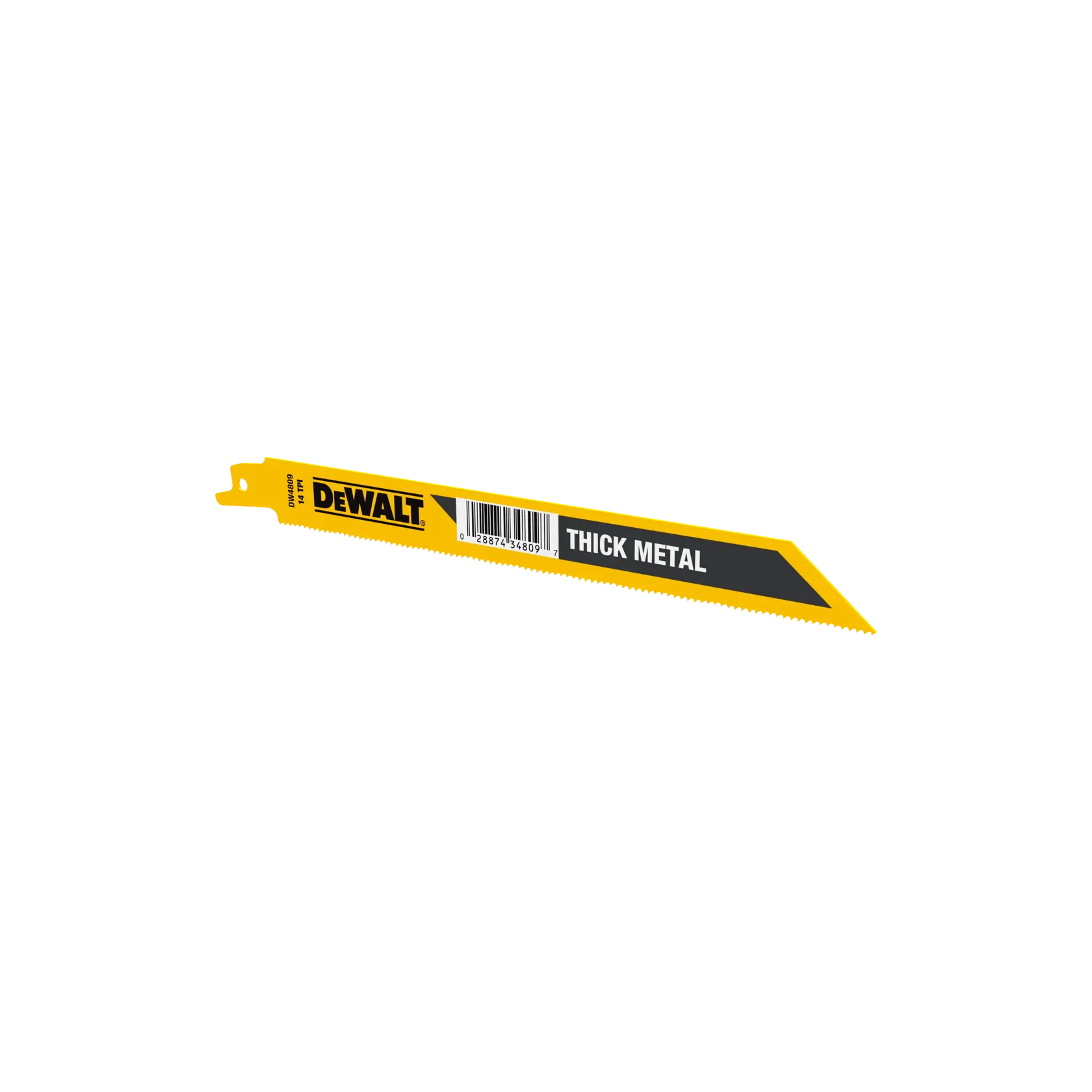 DEWALT thick metal saw blade, SKUs DW4809N25, DW4809B, DW4809B25, for cutting metal. Yellow and black design.