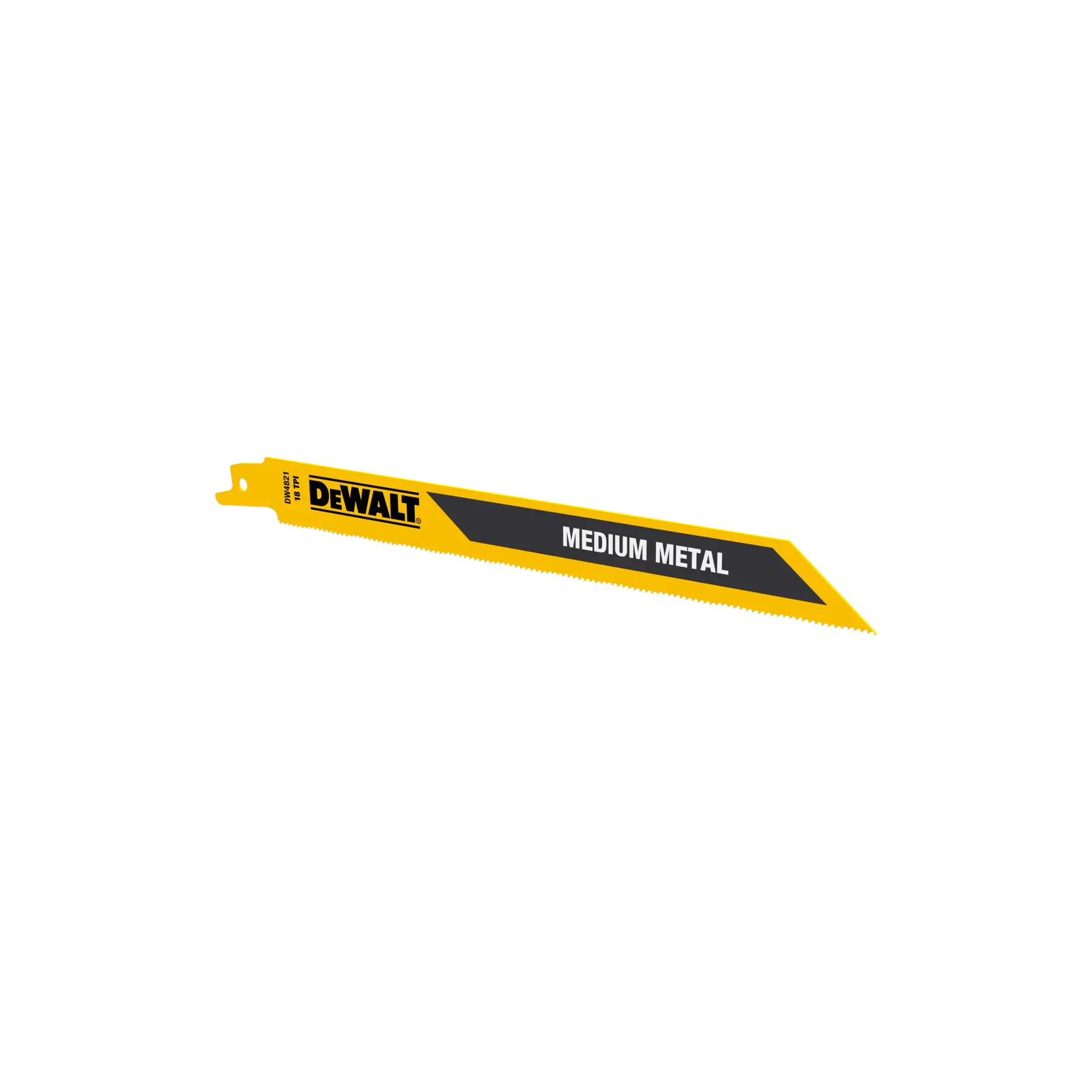 DEWALT reciprocating saw blade, yellow and black, labeled for cutting medium metal materials.