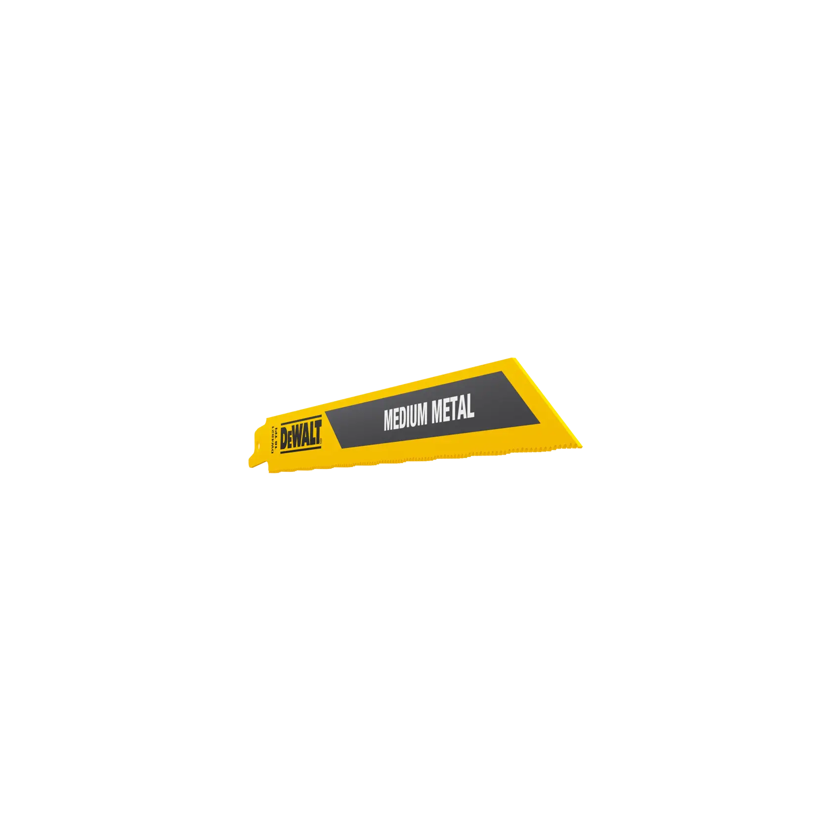 DEWALT reciprocating saw blade for medium metal cutting, yellow with black label, isolated on white background.