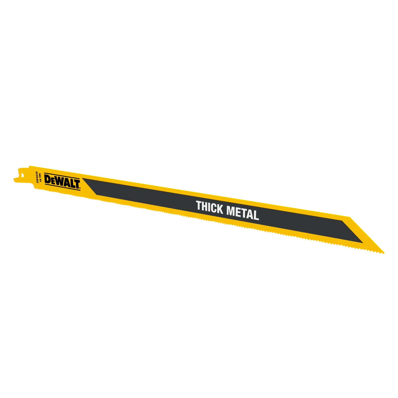 DEWALT thick metal reciprocating saw blade, yellow and black, for cutting heavy metal materials.