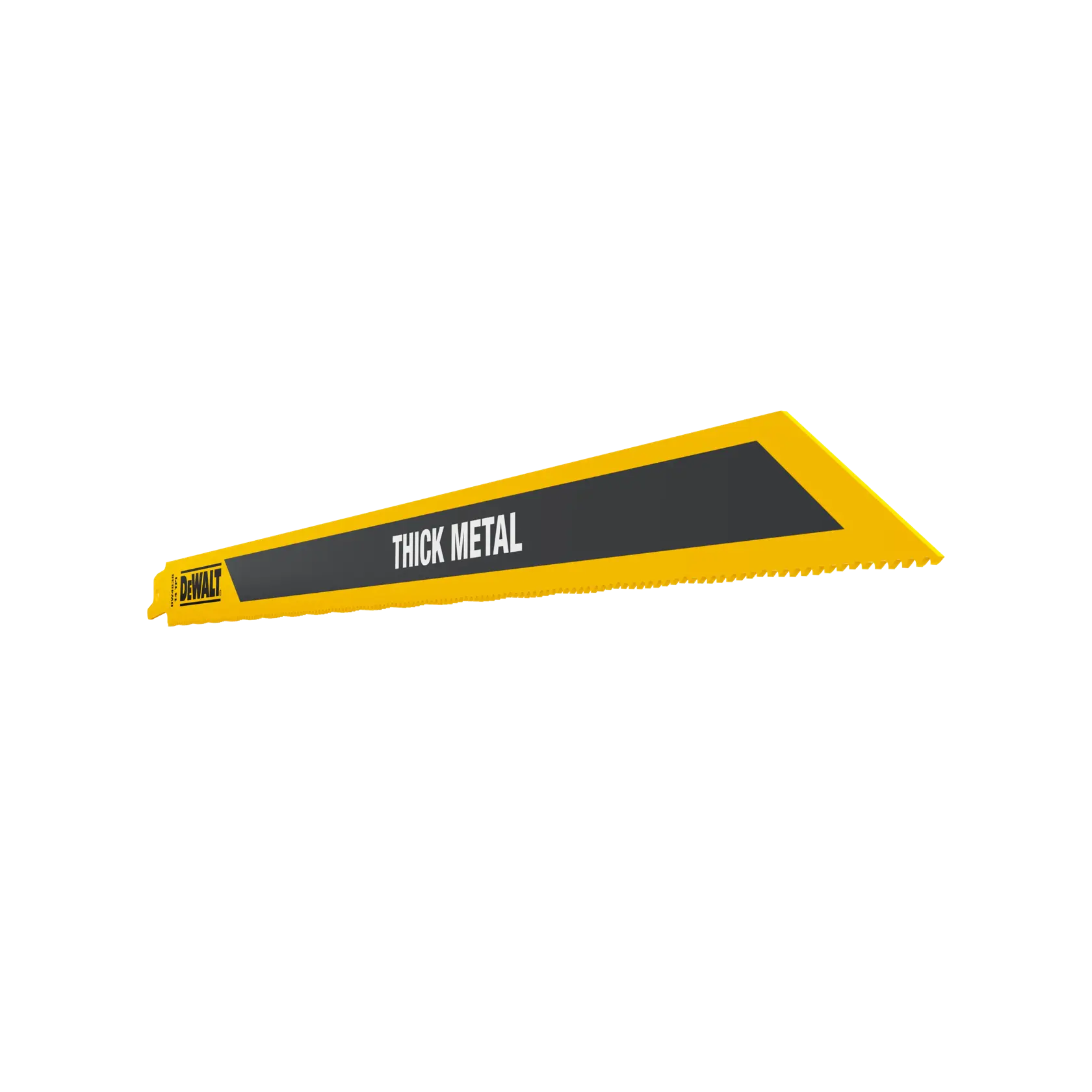 DEWALT reciprocating saw blade labeled 'Thick Metal', yellow and black, for cutting tough metal.