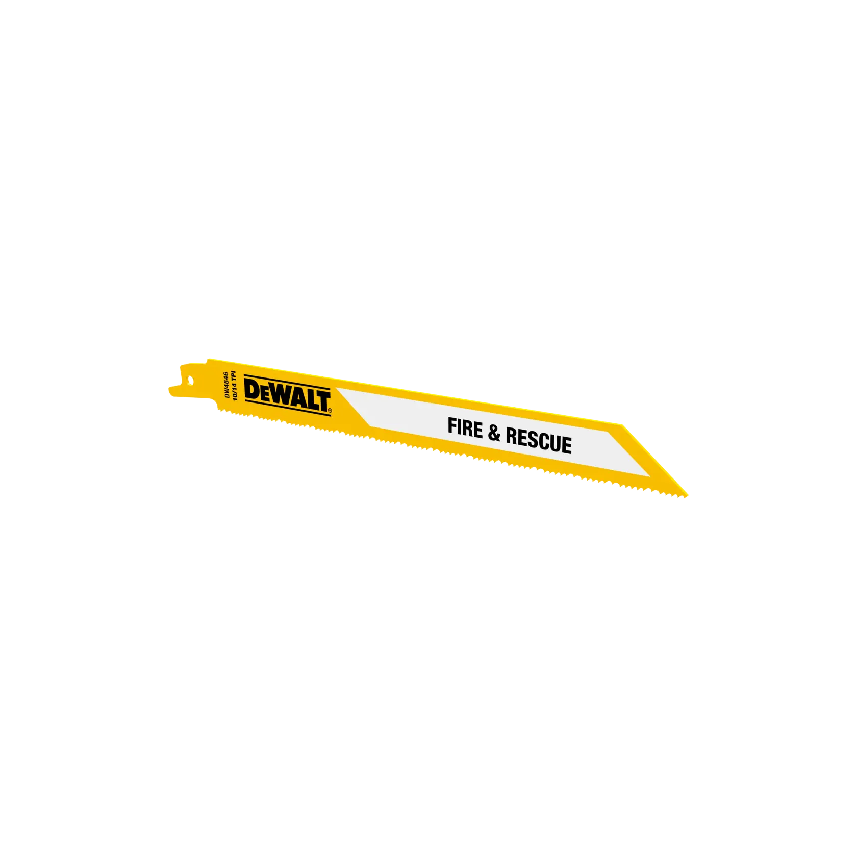 DEWALT Fire & Rescue saw blade with yellow edge and serrated teeth, designed for cutting in emergencies.