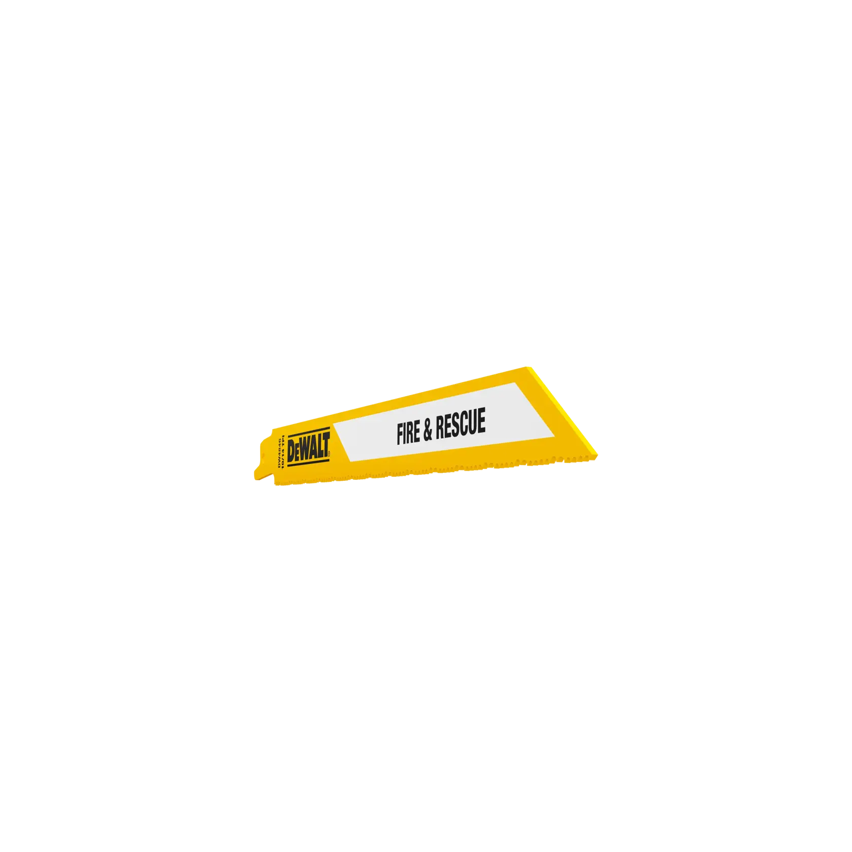 DEWALT yellow reciprocating saw blade labeled Fire & Rescue on a white background.