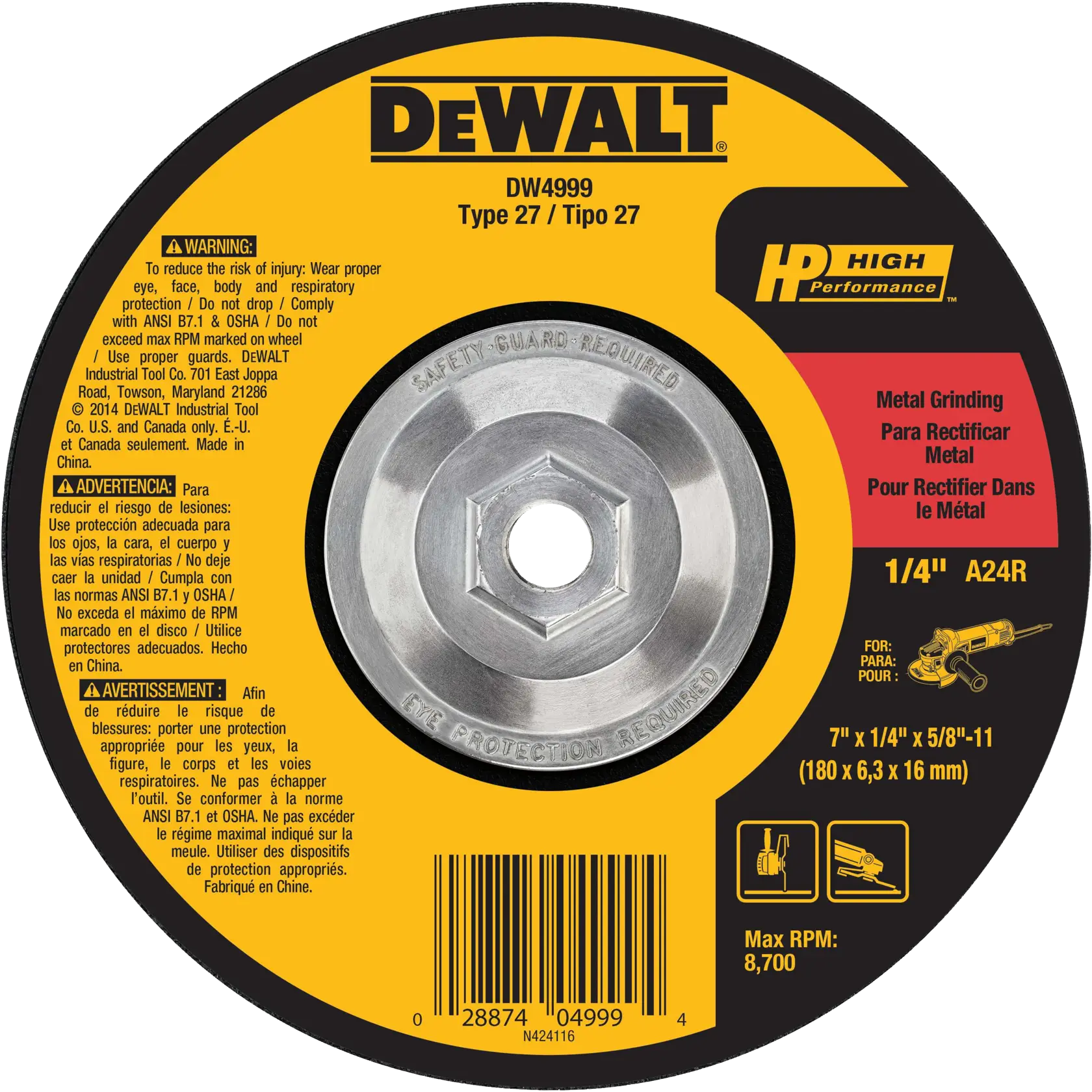 DEWALT® HP™ 7-in. x 1/4-in. x 5/8-in.-11 Aluminum Oxide Grinding Wheel for Metal