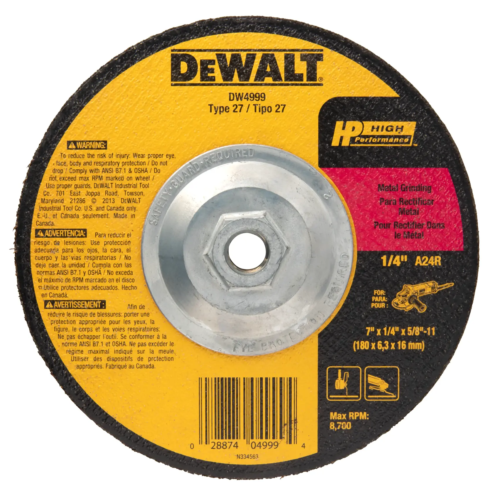 DEWALT® HP™ 7-in. x 1/4-in. x 5/8-in.-11 Aluminum Oxide Grinding Wheel for Metal thumbnail 3