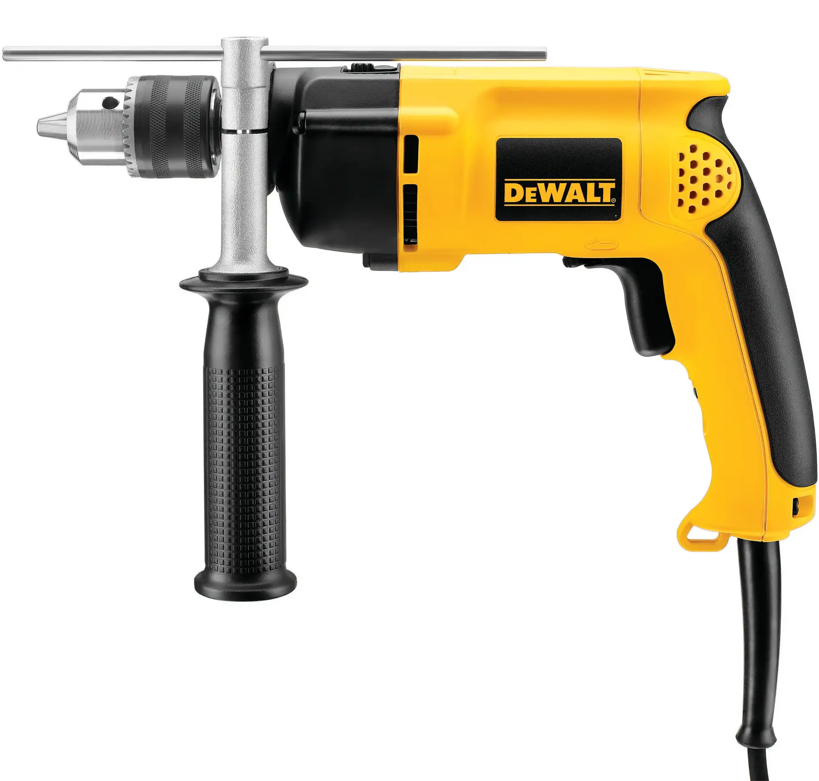 A yellow and black DEWALT corded electric drill with a side handle and depth rod, shown against a white background.