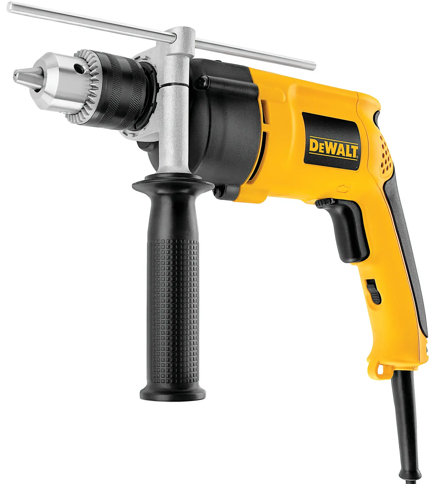A yellow and black DEWALT DW511 corded electric drill with a side handle and metal key chuck. The drill is shown against a white background.