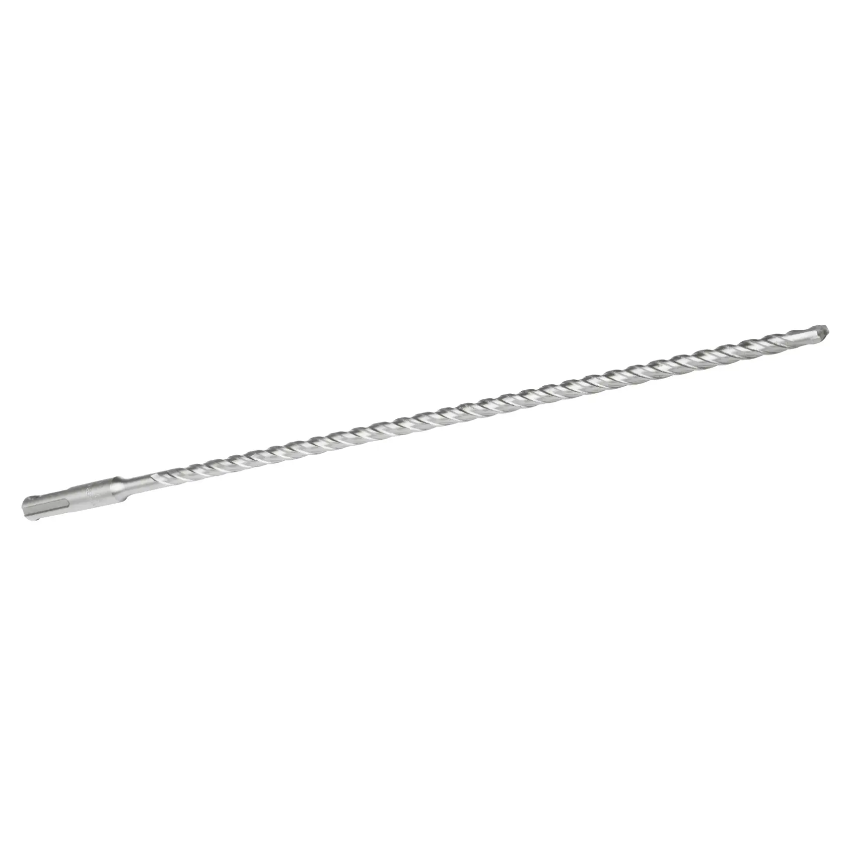 A long, silver-colored DEWALT SDS-Plus rotary hammer drill bit with spiral fluting for drilling into masonry or concrete.