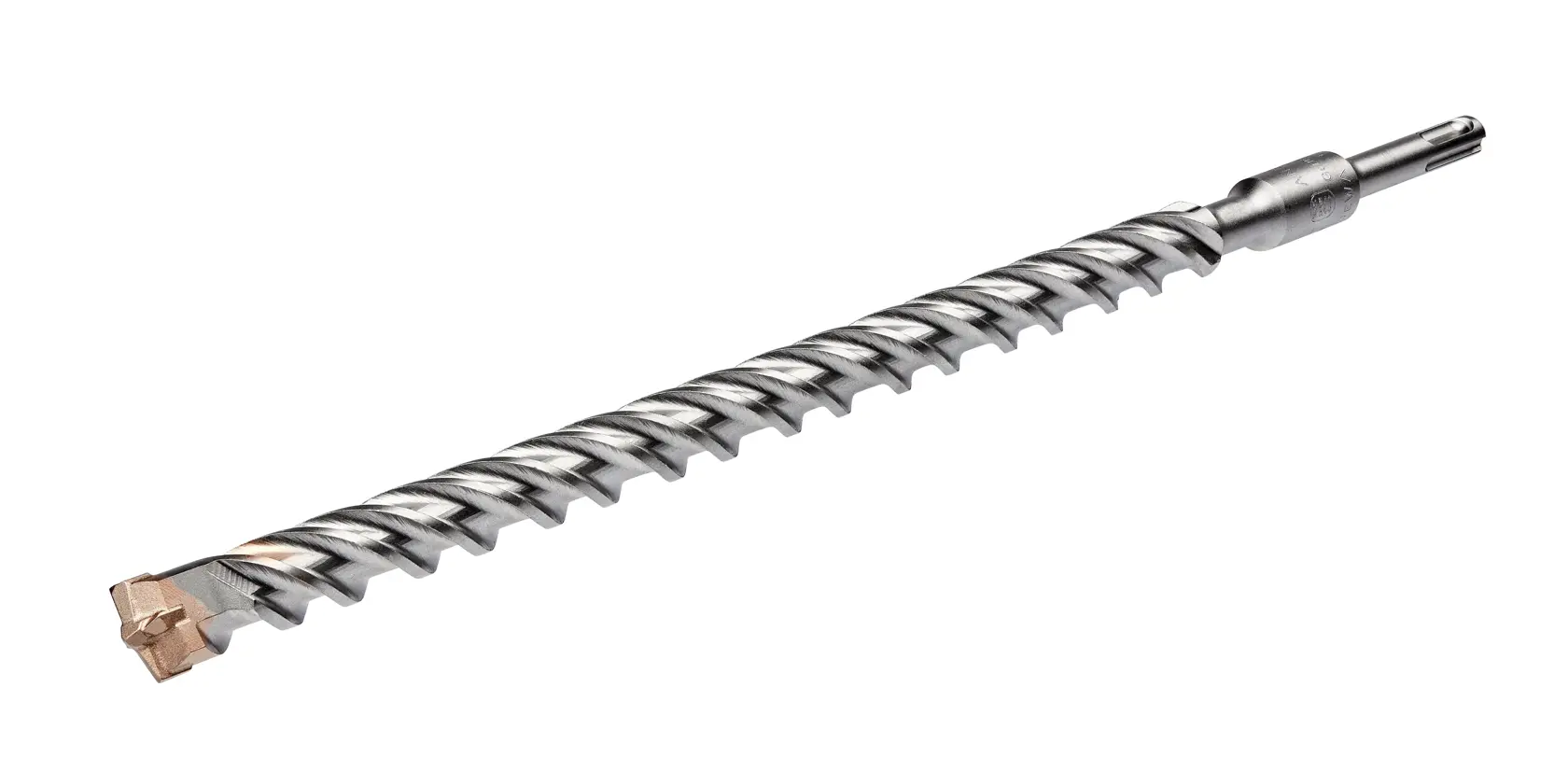 A close-up image of a metallic SDS drill bit with a spiral design and a carbide tip, used for drilling into tough materials such as concrete and masonry.