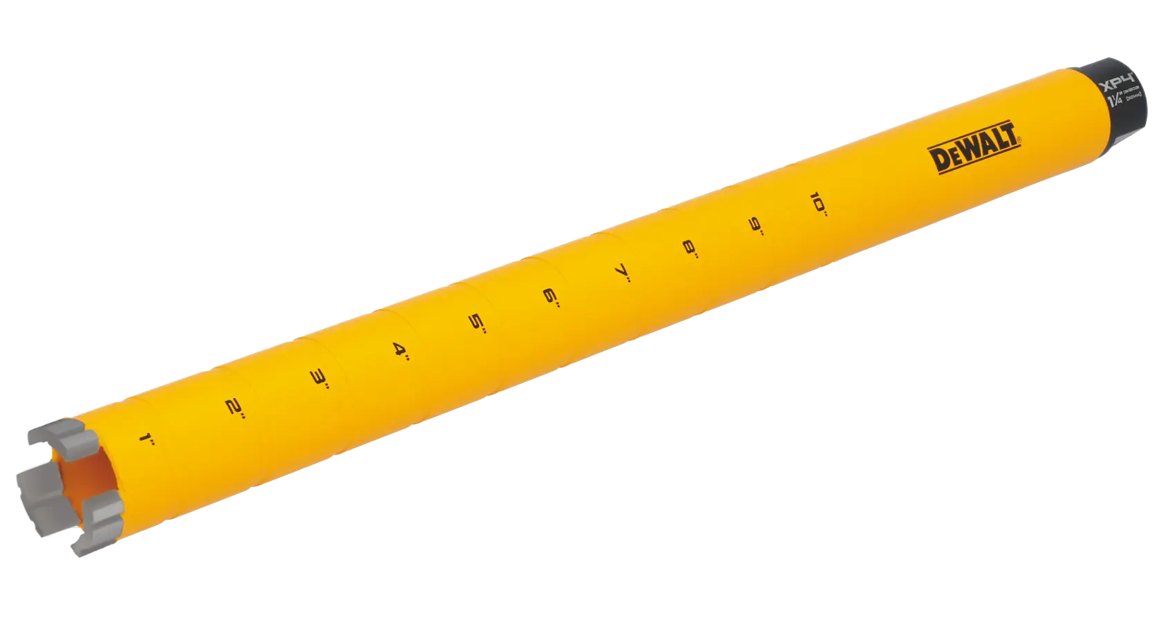 A yellow cylindrical DEWALT tool, likely a core drill bit, with measurement markings and a cutting end featuring silver segments.