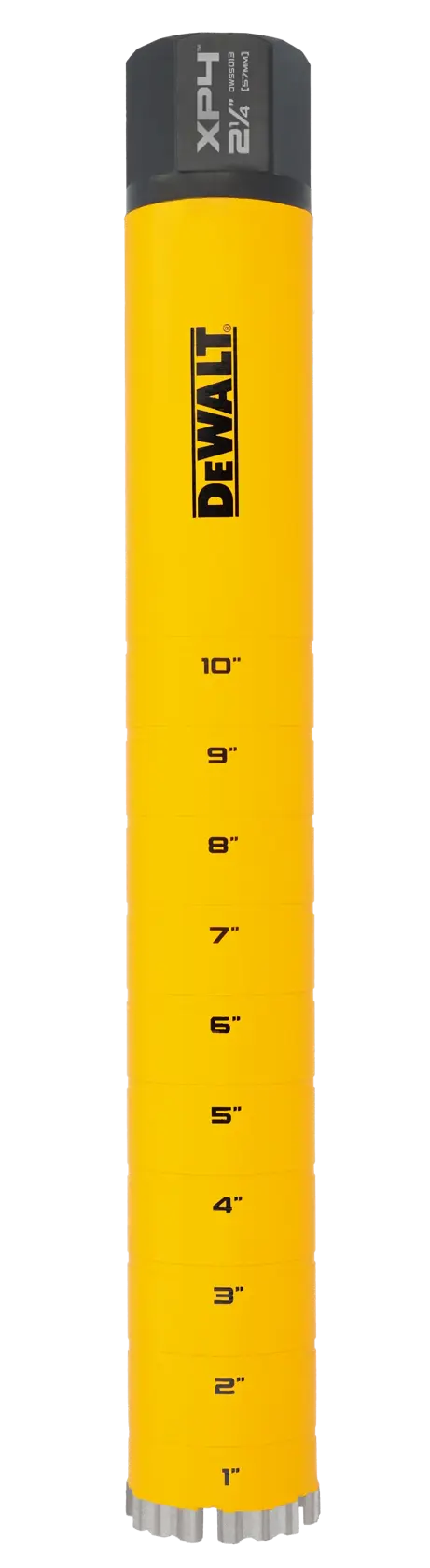 A yellow cylindrical DEWALT core drill bit, marked with inch measurements from 1 to 10 and a black cap with XPH4 and 2-1/4 inch diameter labeling at the top.
