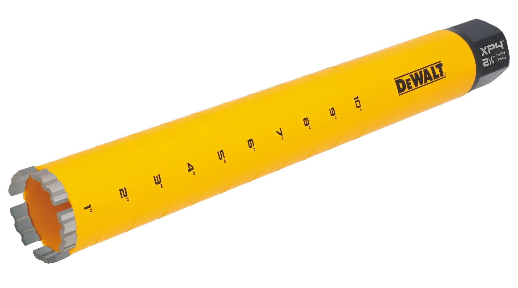 A yellow cylindrical DEWALT tool, likely a core drill bit, with measurement markings along its side and a metal segment at the open end.