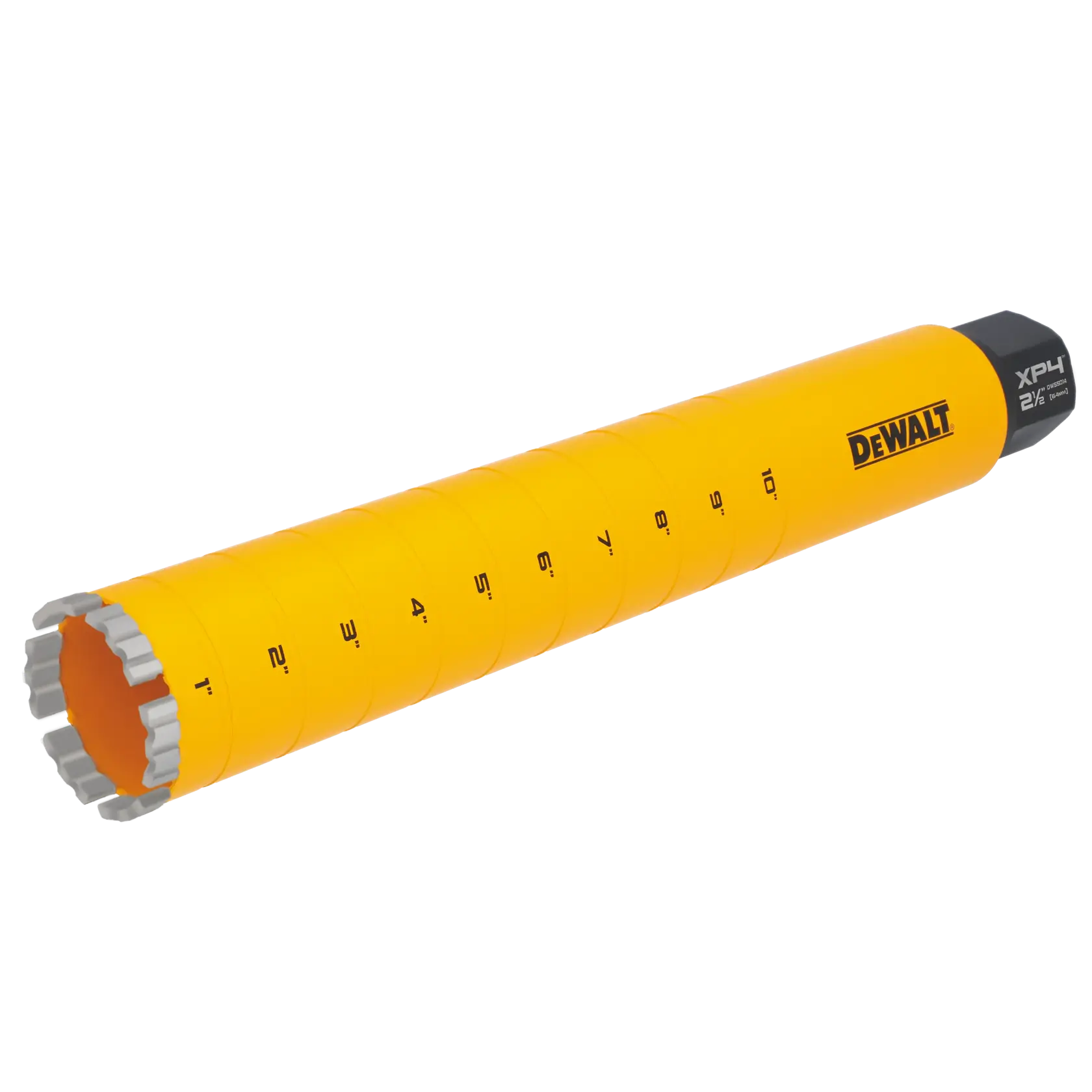 2 1/2“ DEWALT Diamond Core Bit on white at a 45 degree view from the left